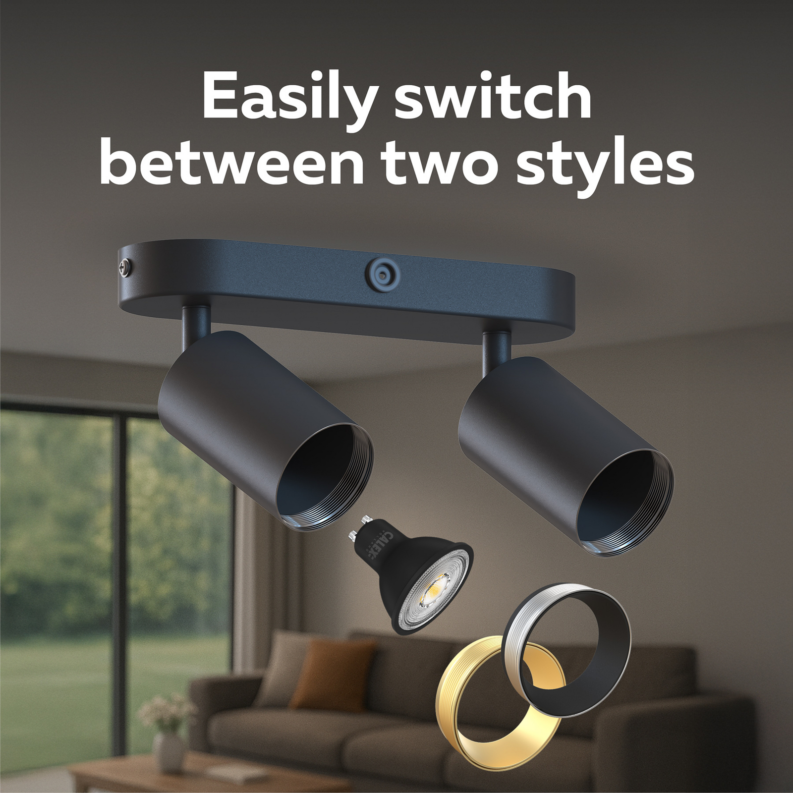 Calex GU10-Deckenspot, schwarz, Länge 21 cm, 2-flg., Metall