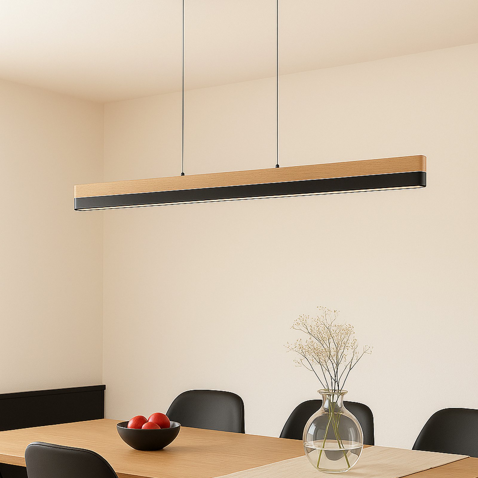Candeeiro suspenso LED Lucande Holven, madeira, CCT, comprimento 113 cm