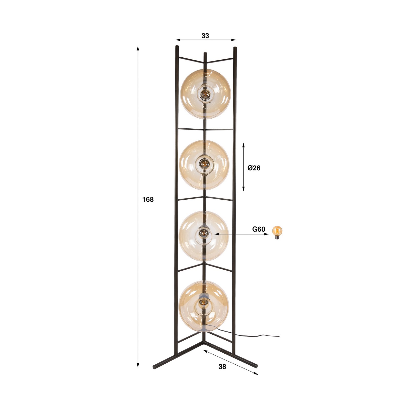 Stojací lampa Soll, jantarová, sklo, výška 168 cm, E27, 4 žárovky Stojací lampa Soll, jantarová, sklo, výška 168 cm, E27, 4 žárovky