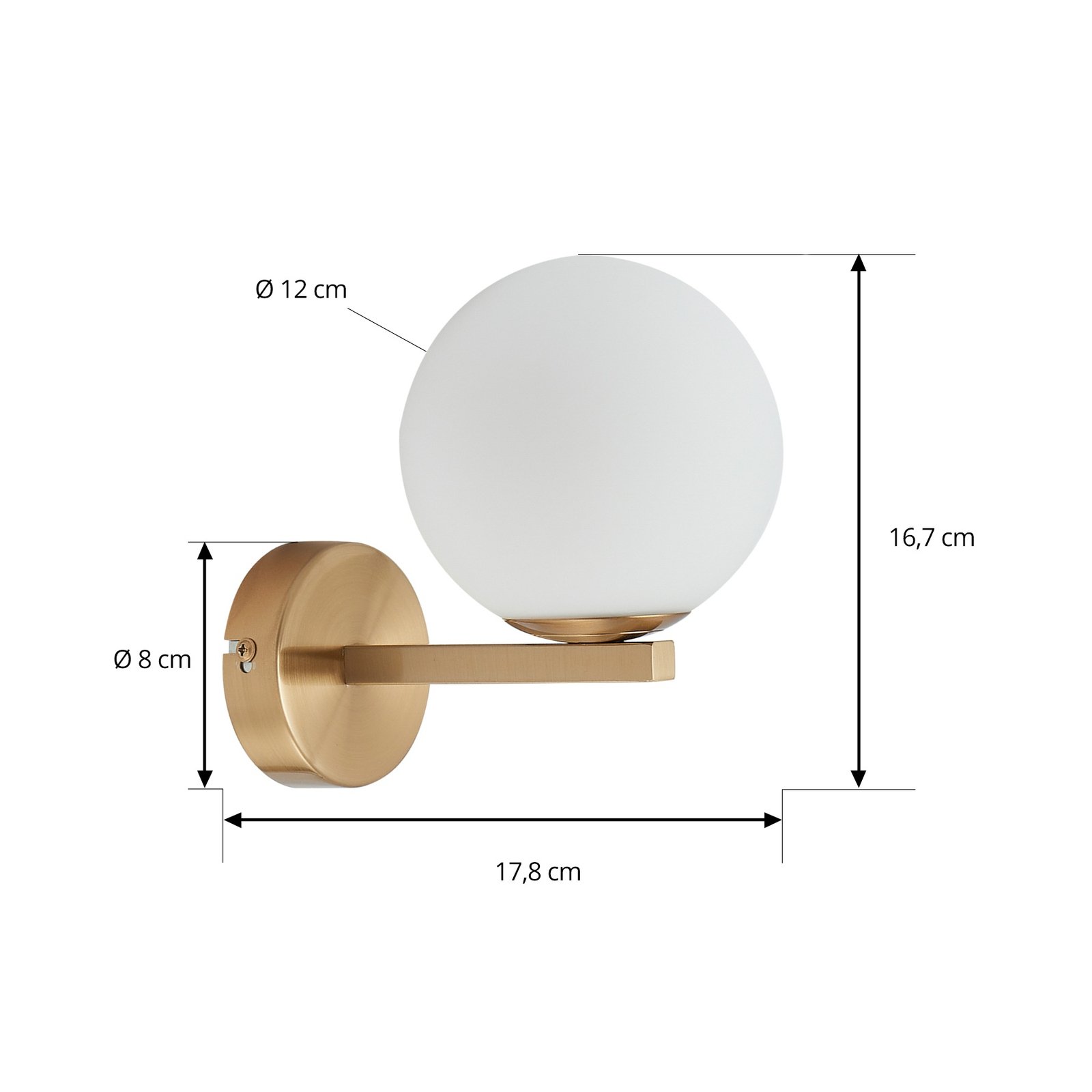 Lucande wall light Bidolo, brass-coloured, glass, 12 cm, IP44