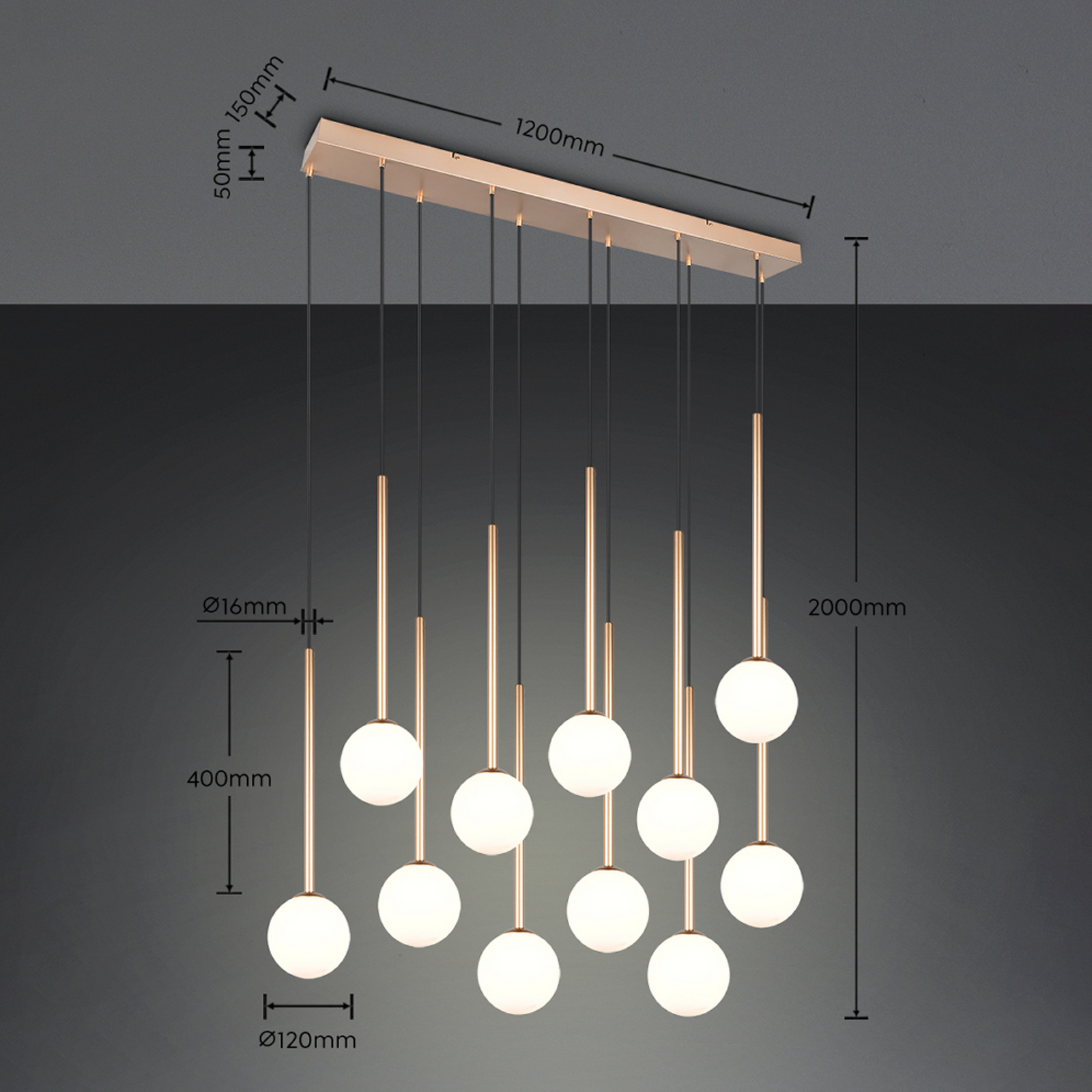 Piekaramā lampa „Firano“, zelta krāsā, garums 129 cm, metāls, 11 spuldzes. Piekaramā lampa „Firano“, zelta krāsā, garums 129 cm, metāls, 11 spuldzes.