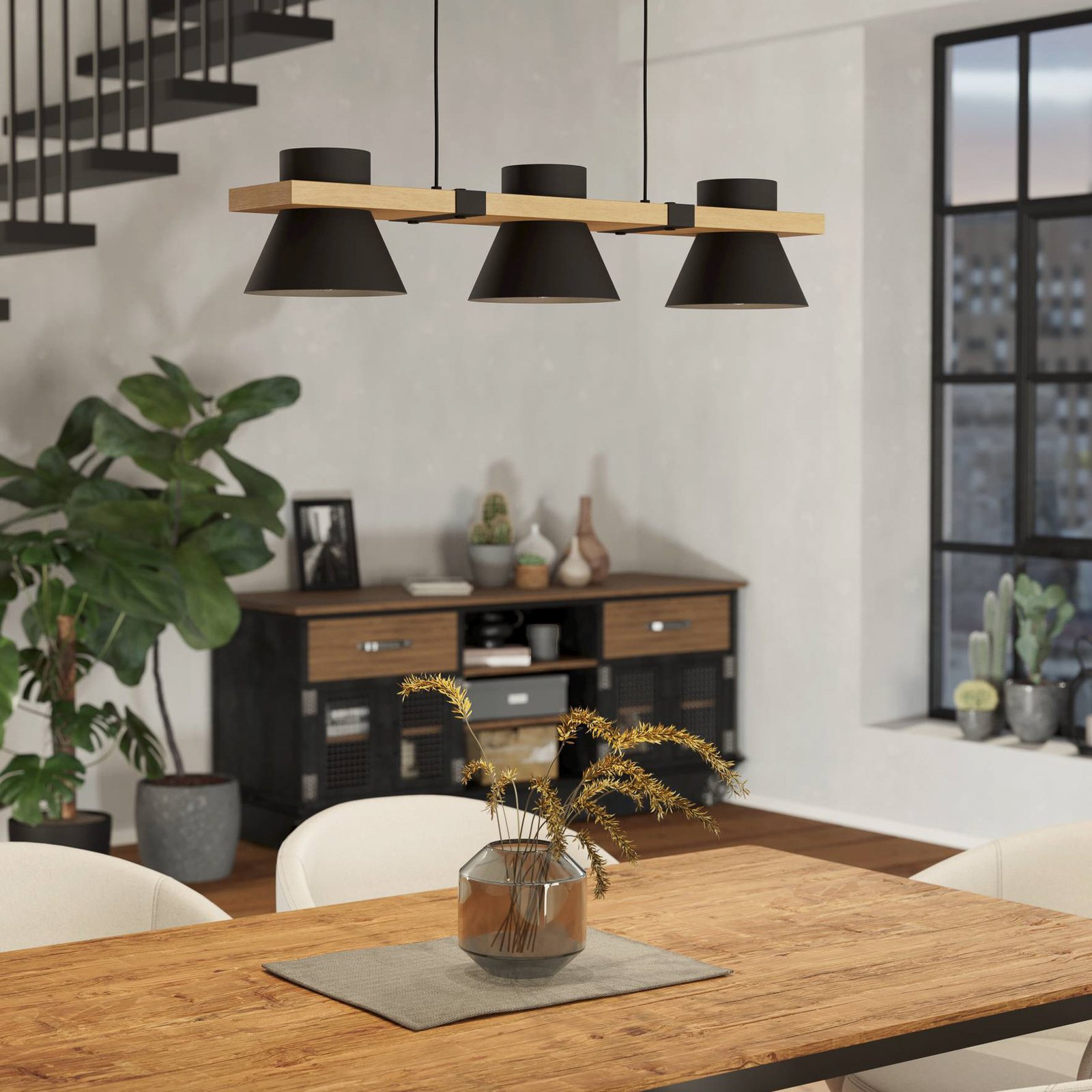Maccles pendant light in black with wood, 3-bulb