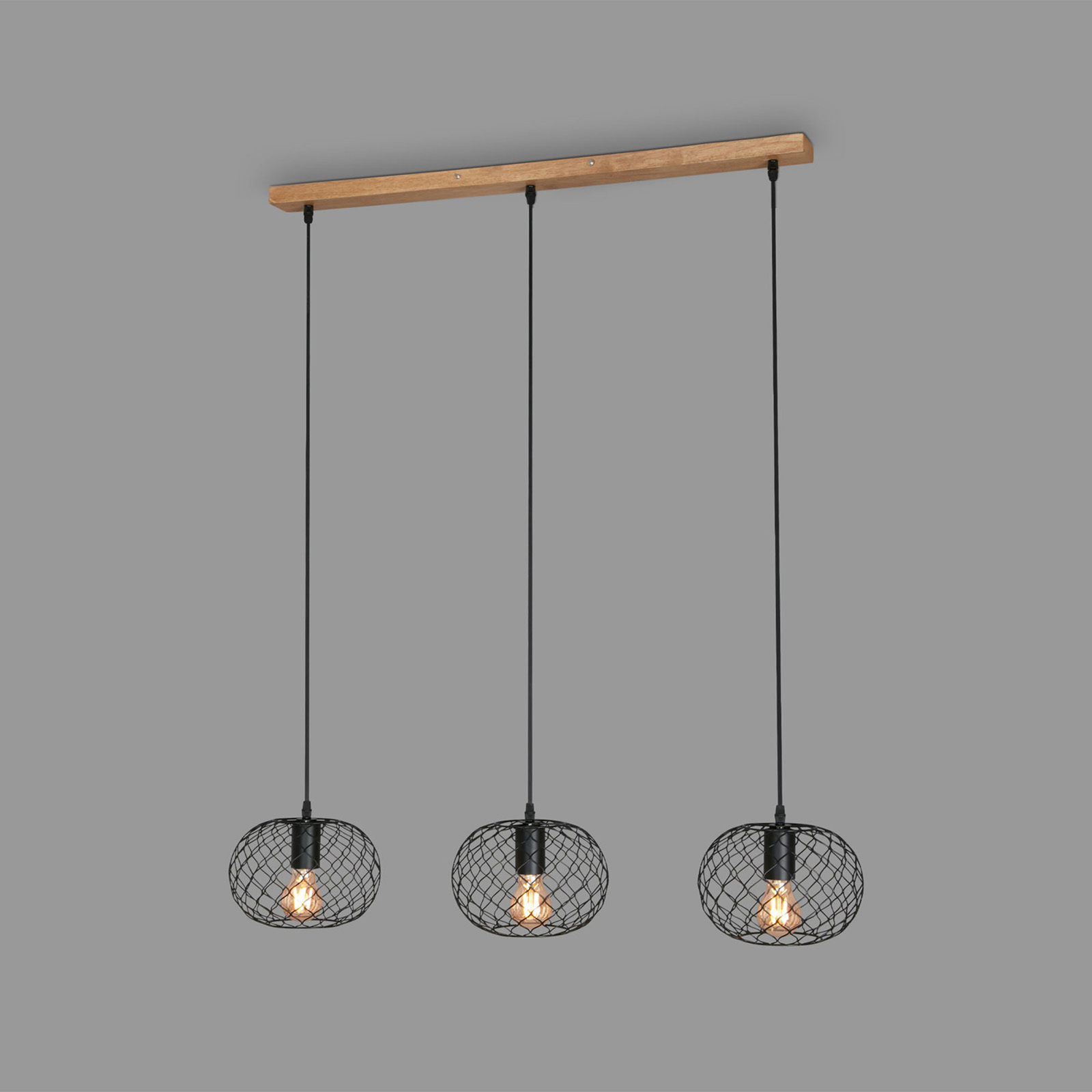 Winki Vintage hanging light, black/wood, 3-bulb
