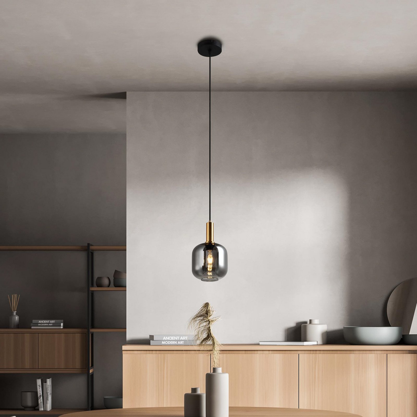 Näve Fumo lampă suspendată sticlă fum 1 bec Ø 21cm - Camera de zi / sufragerie - modern - negru auriu gri fumuriu transparent