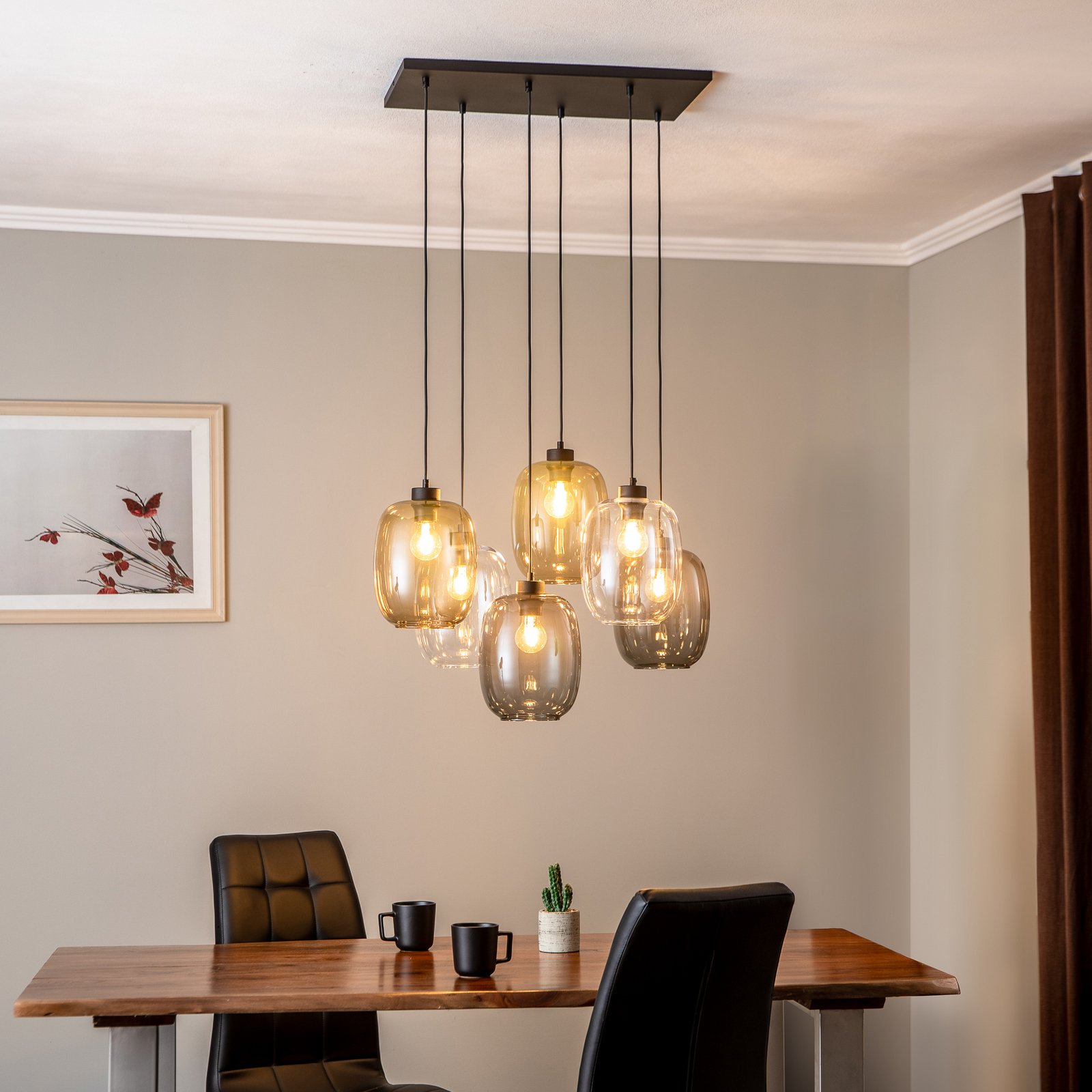 Lampa wisząca Elio, szkło, brązowy/przezroczysty/szary, 6-punktowa,