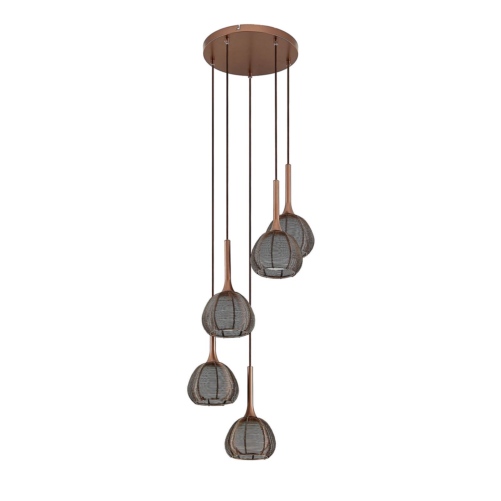 Lucande Tetira hanging lamp, 5-bulb, round, brown, for Living / Dining Room, iron, glass, aluminium, E14, 40 W