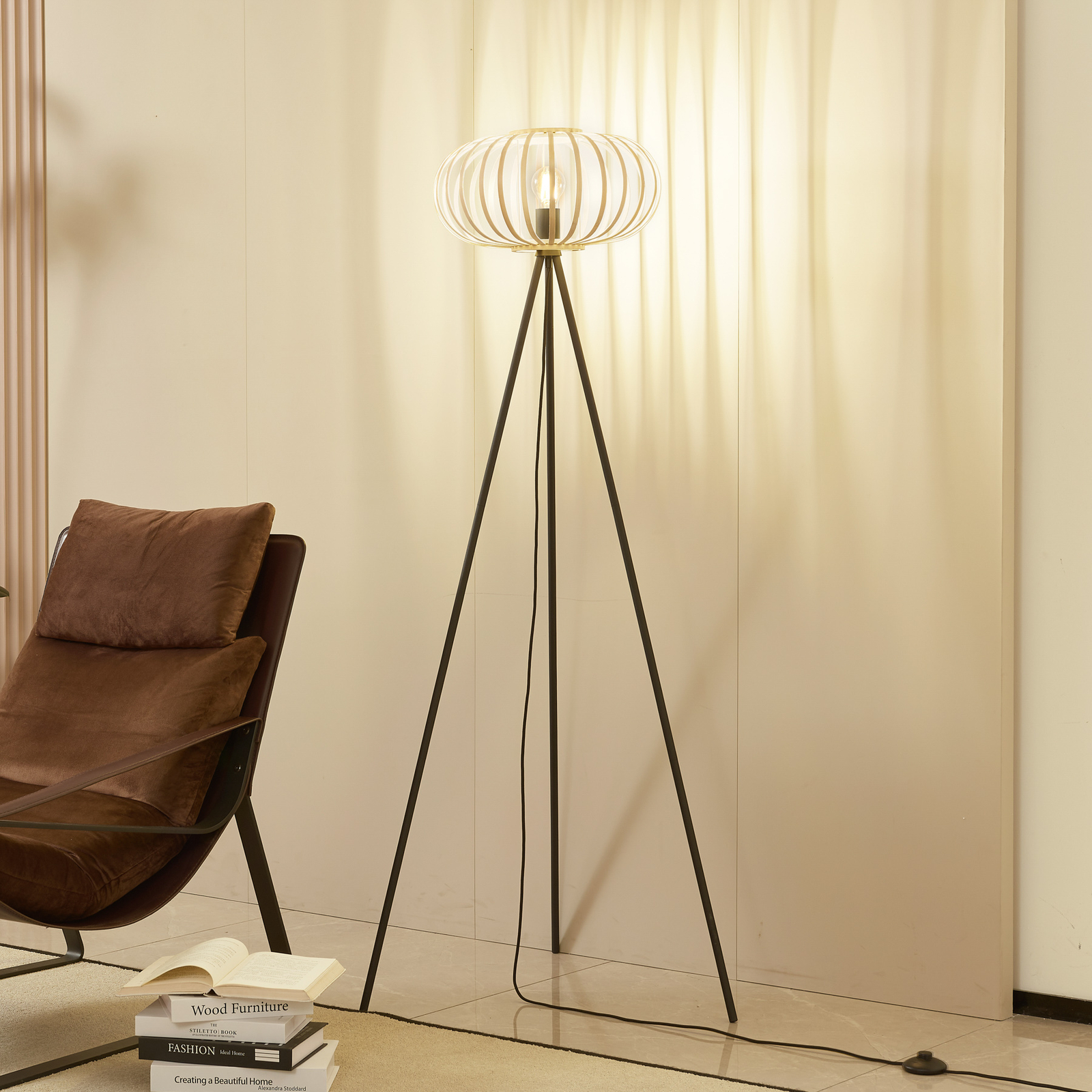 Lindby tripod floor lamp Lielle, natural bamboo, Ø 40 cm