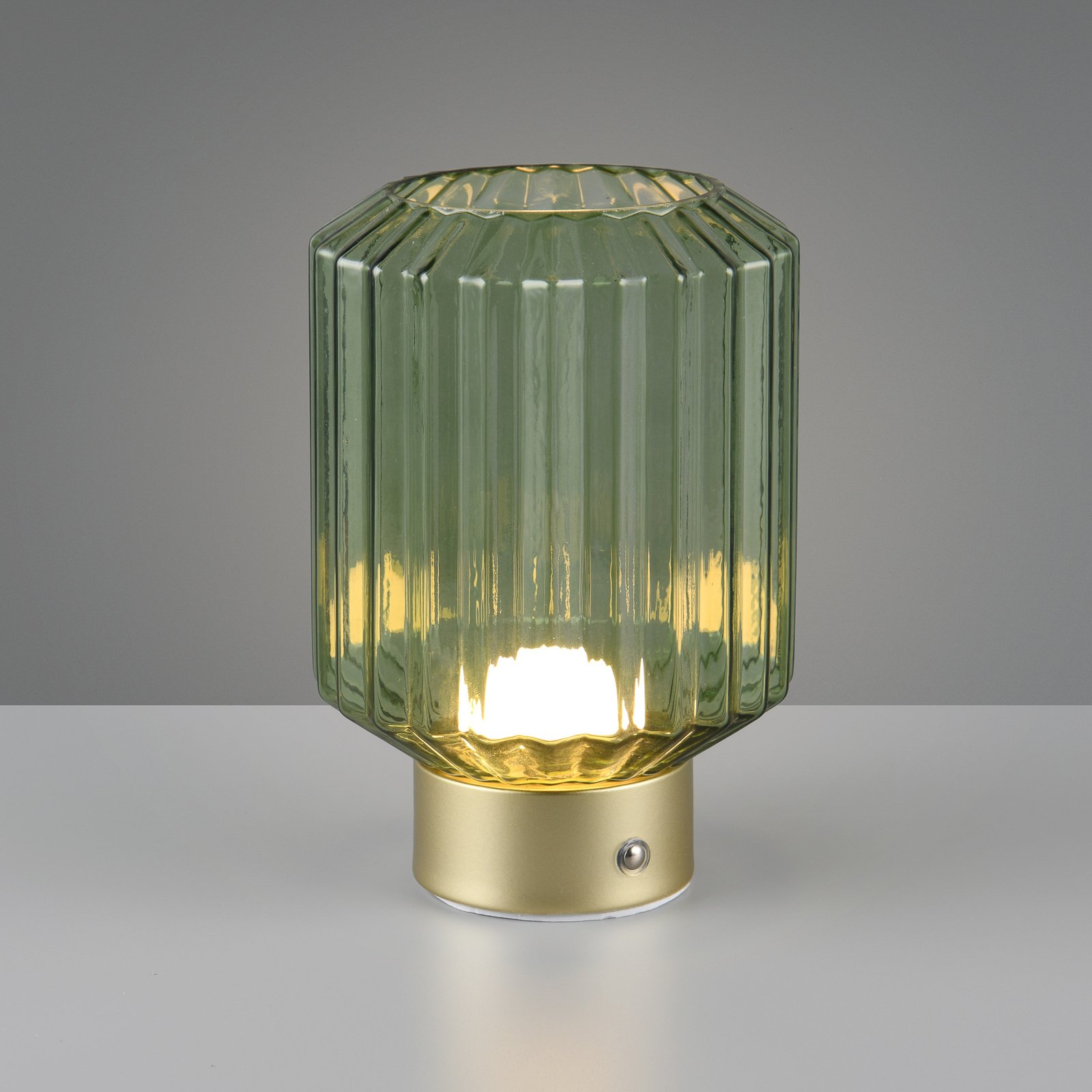 Candeeiro de mesa recarregável Lord LED, latão/verde, altura 19,5 cm, vidro