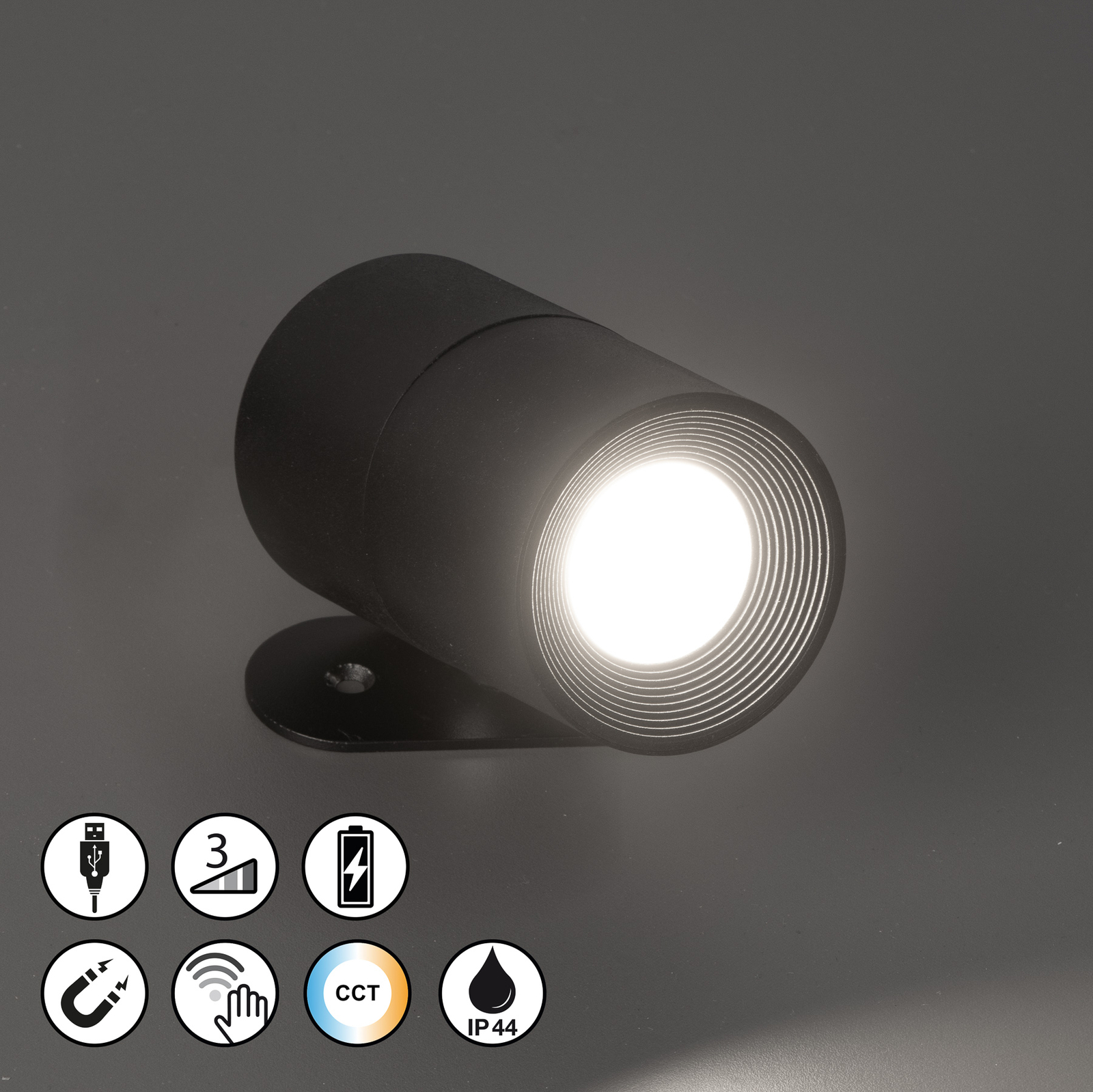 LED wall spotlight Magnetics, black, dimmable, CCT, IP44