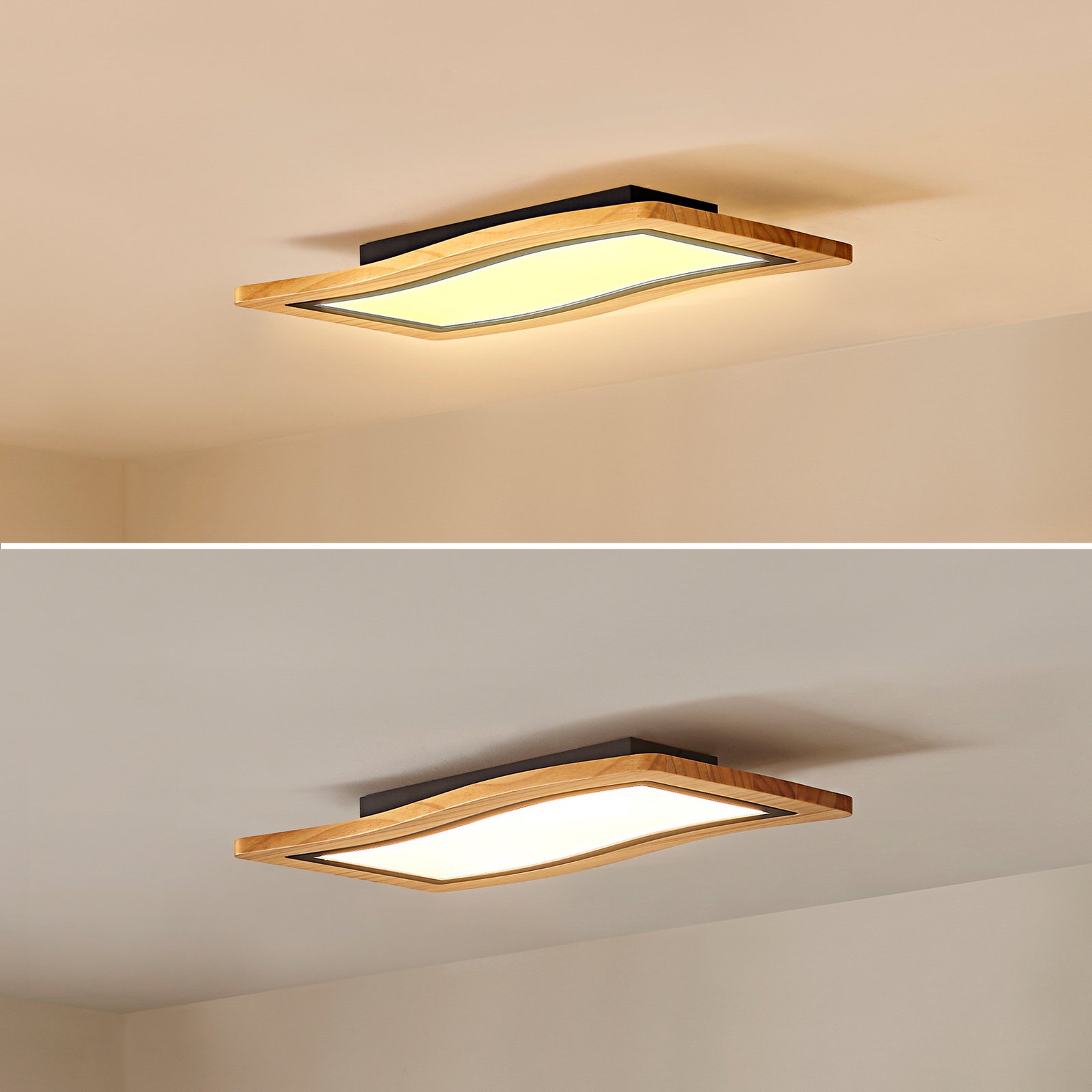 Lucande LED ceiling light Joren, 46 cm long, wood, 3,000 K