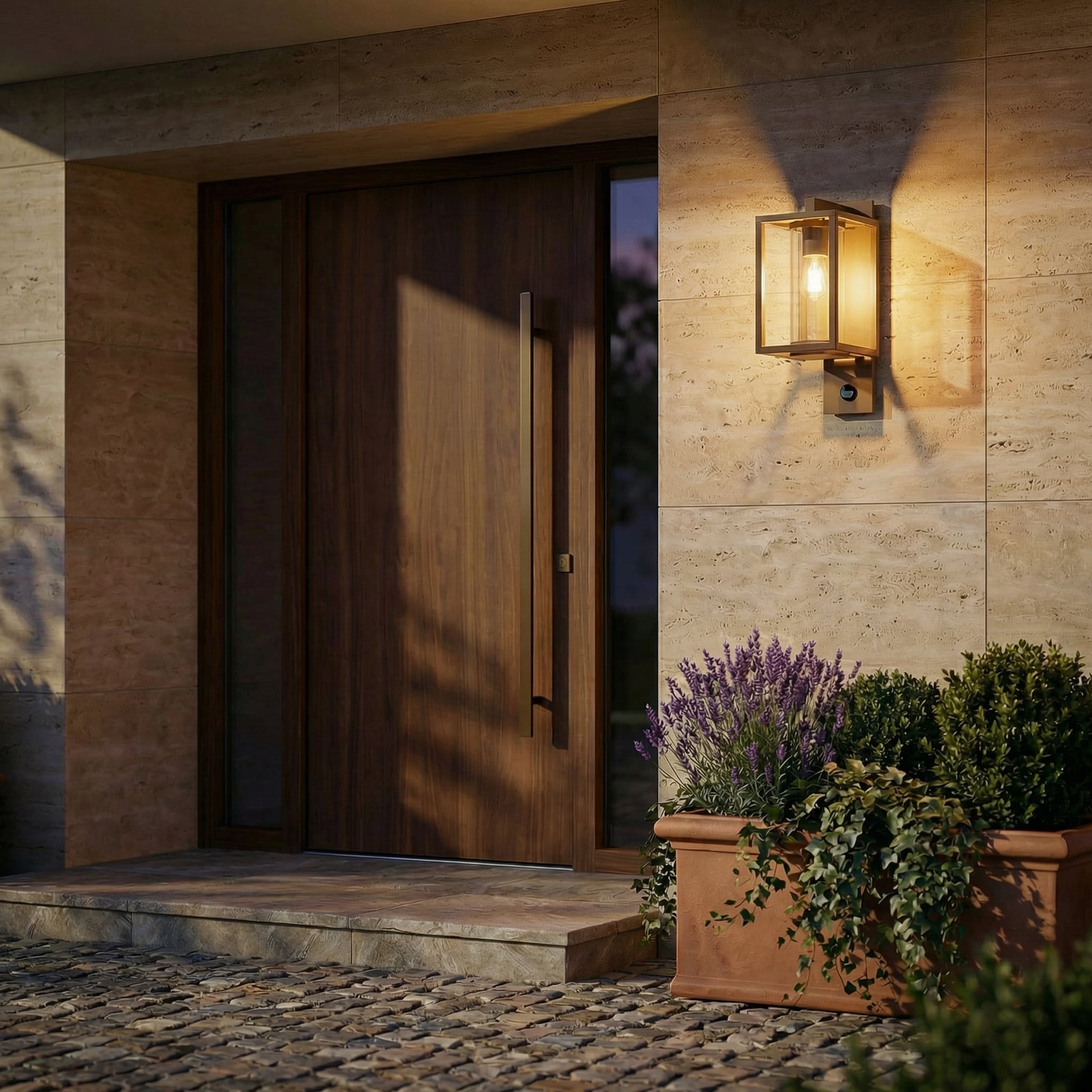 Lucande udendørs væglampe Ferda, sensor, fatning nederst, brun Lucande udendørs væglampe Ferda, sensor, fatning nederst, brun