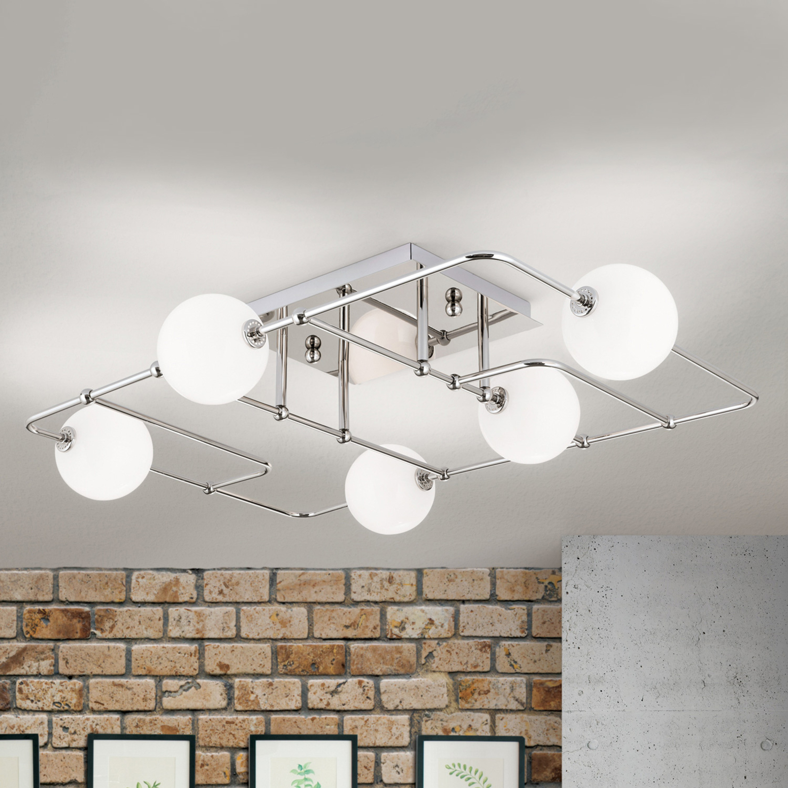 Φωτιστικό οροφής LED Pipes με 5 γυάλινες σφαίρες, νικέλιο