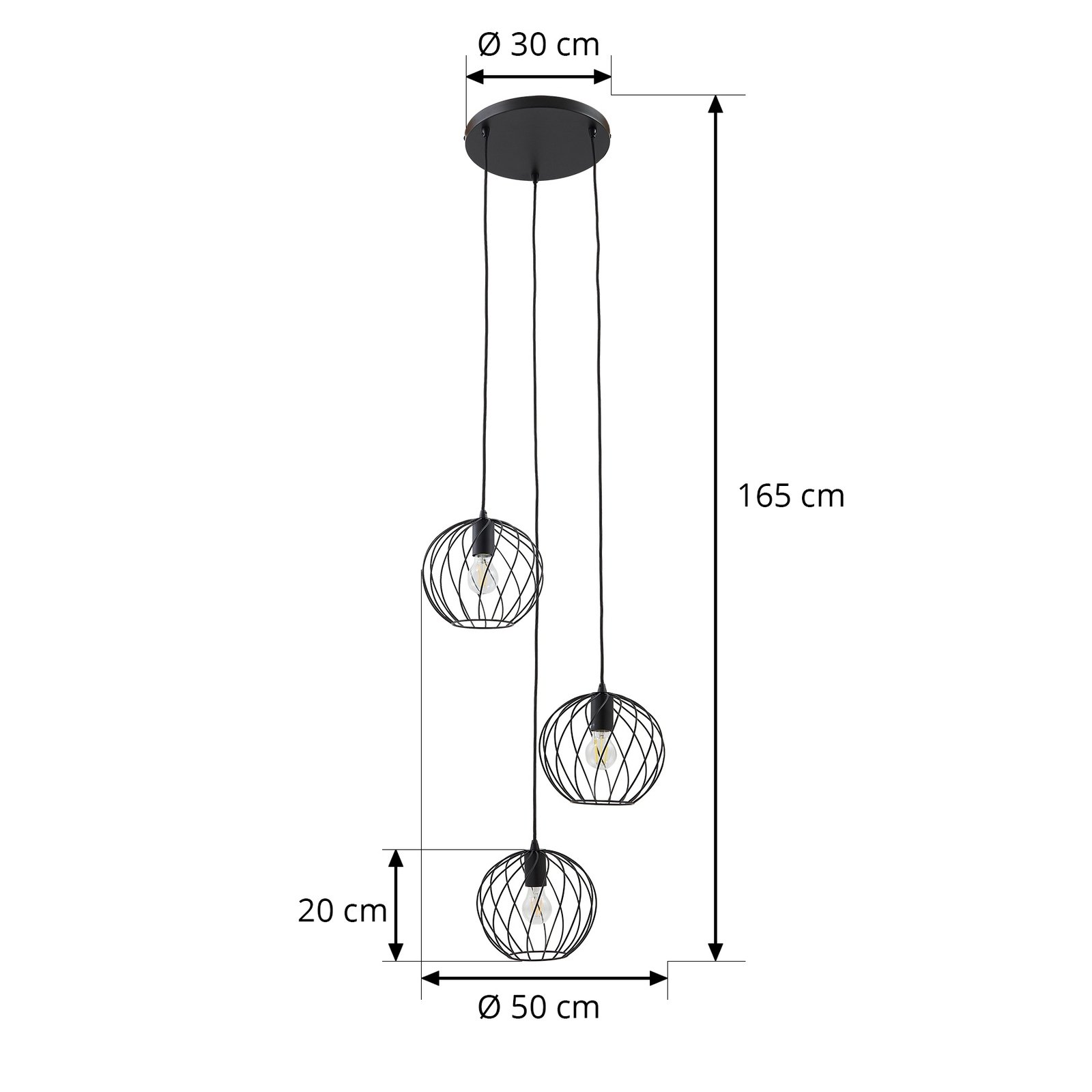 Obesna svetilka Lindby Danika, okrogla, Ø 50 cm, črna, kovina