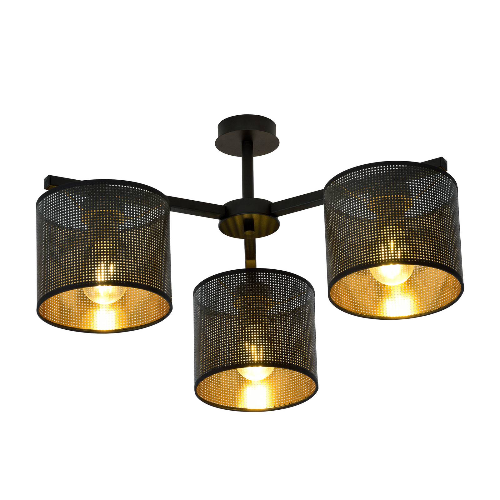 Euluna Jordan ceiling light, black/gold, three-bulb, for Living / Dining Room, powder-coated steel, fabric, E27, 60 W, H: 31 cm