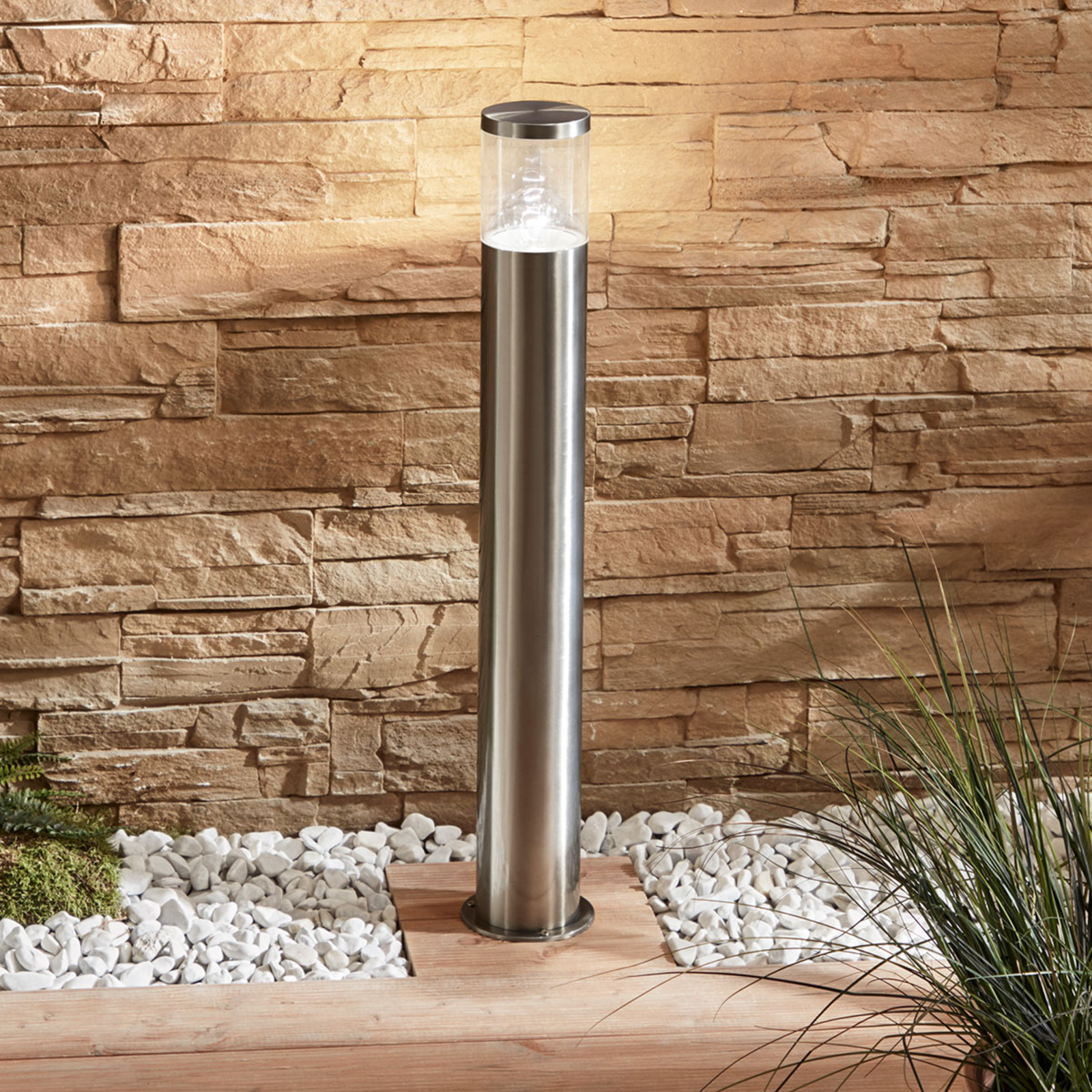 Lindby Hanneli path lamp made of stainless steel, round, stainless steel, polycarbonate, E27, 40 W, energy efficiency: A++, H: 79 cm