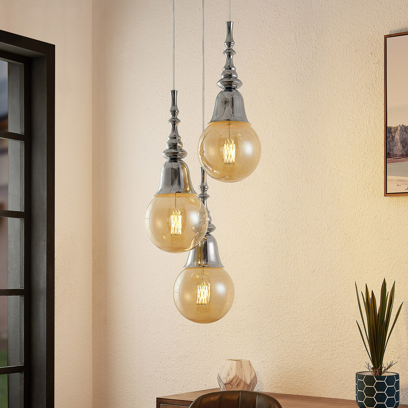Lucande Gesja pendant lamp, 3-bulb, round, chrome