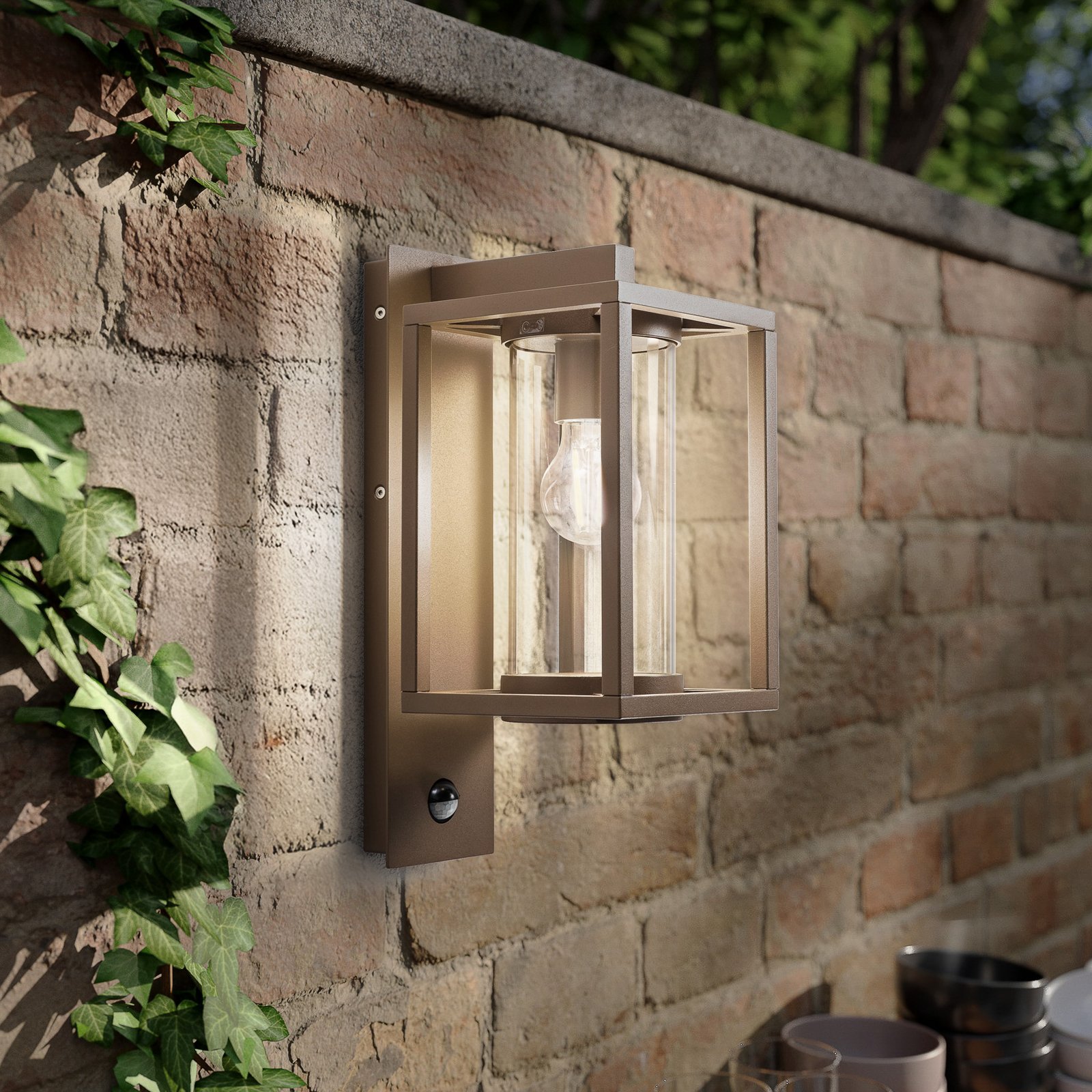 Lucande outdoor wall lamp Ferda, sensor, hanging, brown, E27