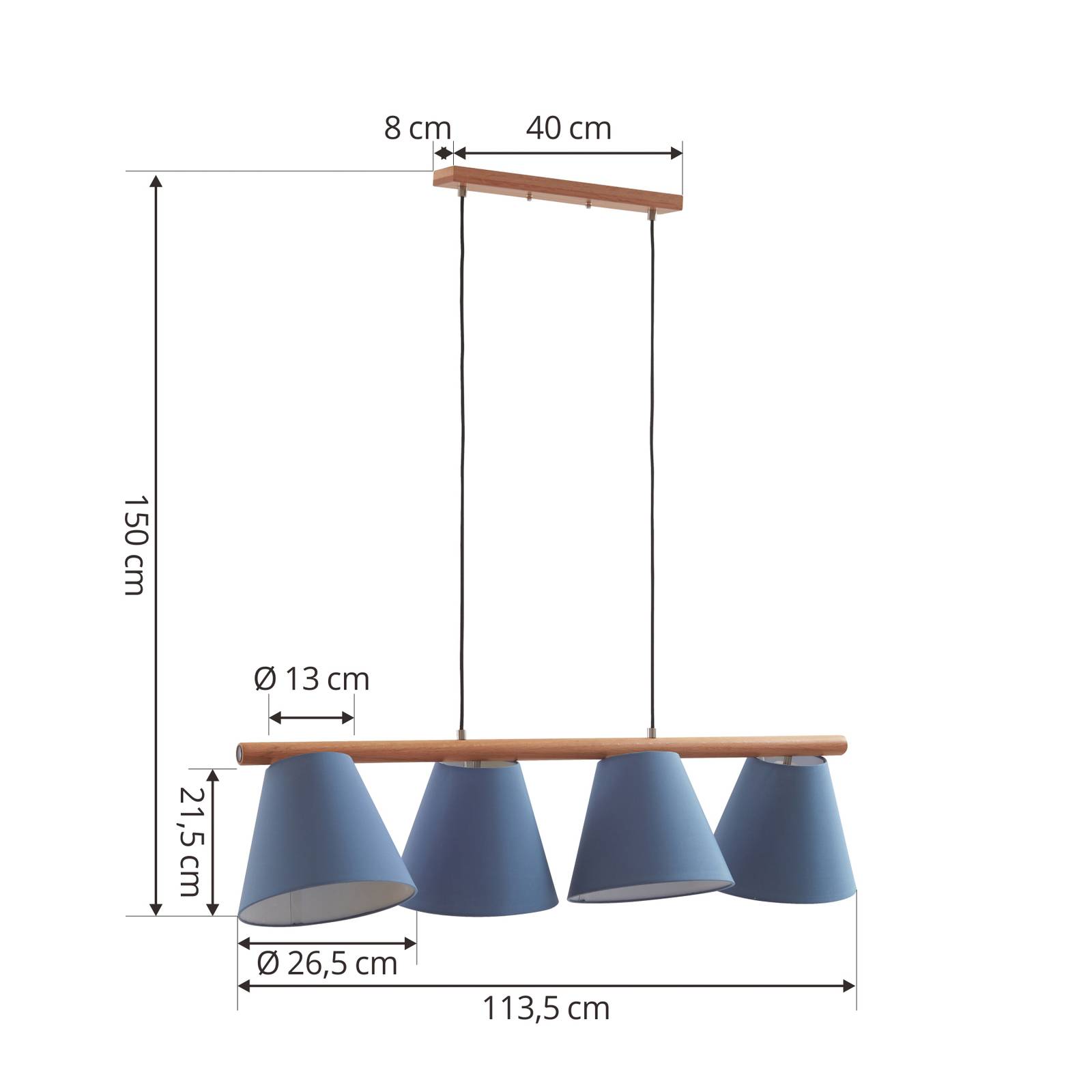 Lampa wisząca Lucande Jinda, niebieski, drewno, tkanina, 120 cm, E27