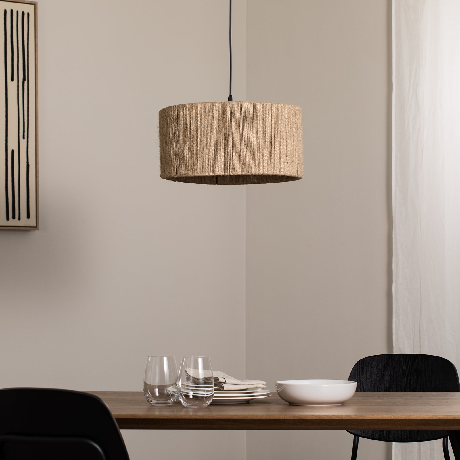 Hänglampa Afra, ljusbrun, rep, Ø 40 cm