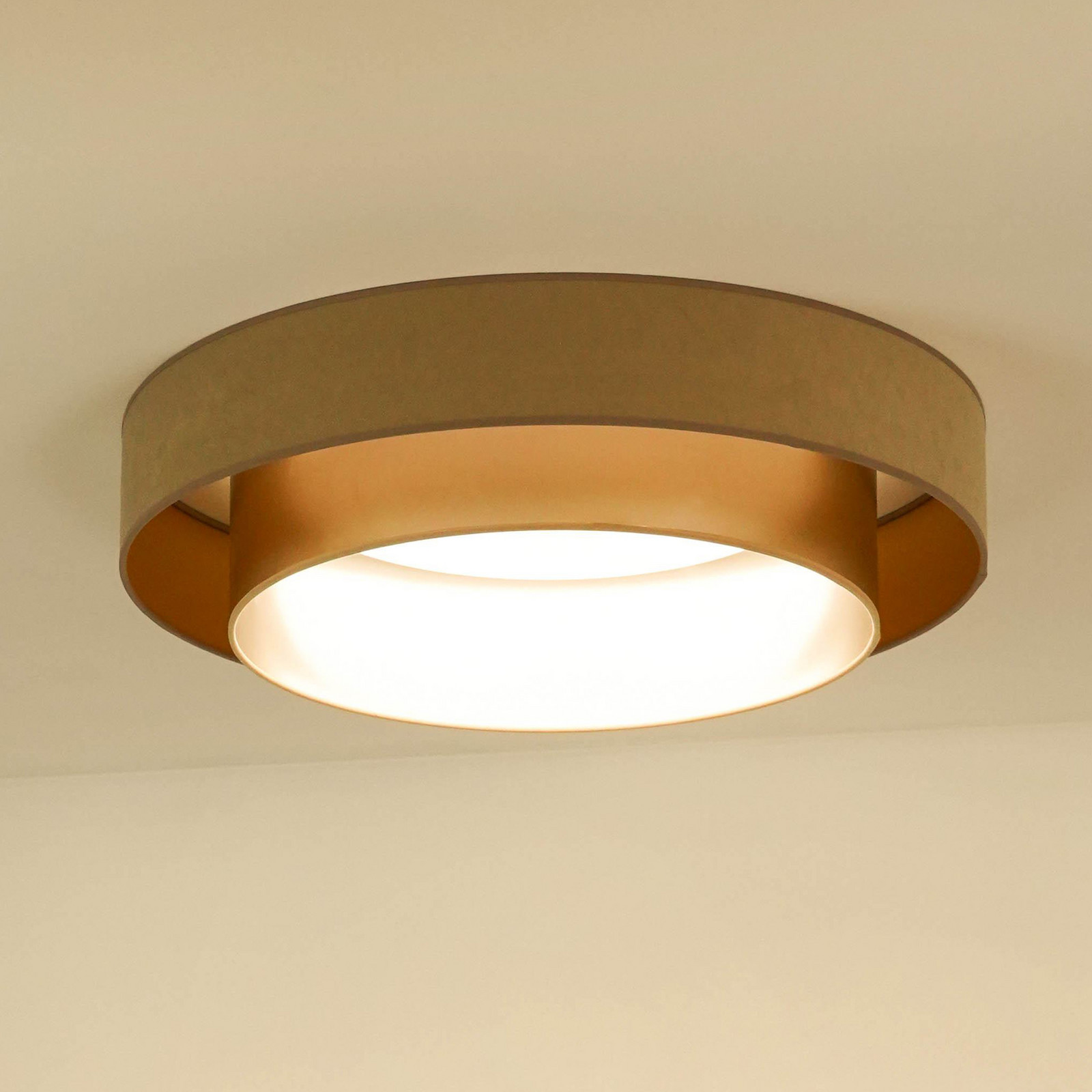 Duolla Plafonieră LED Luneta catifea bej/auriu Ø 60 cm dimabil în 3 trepte - Camera de zi / sufragerie - bej auriu - Țesătură / Textil