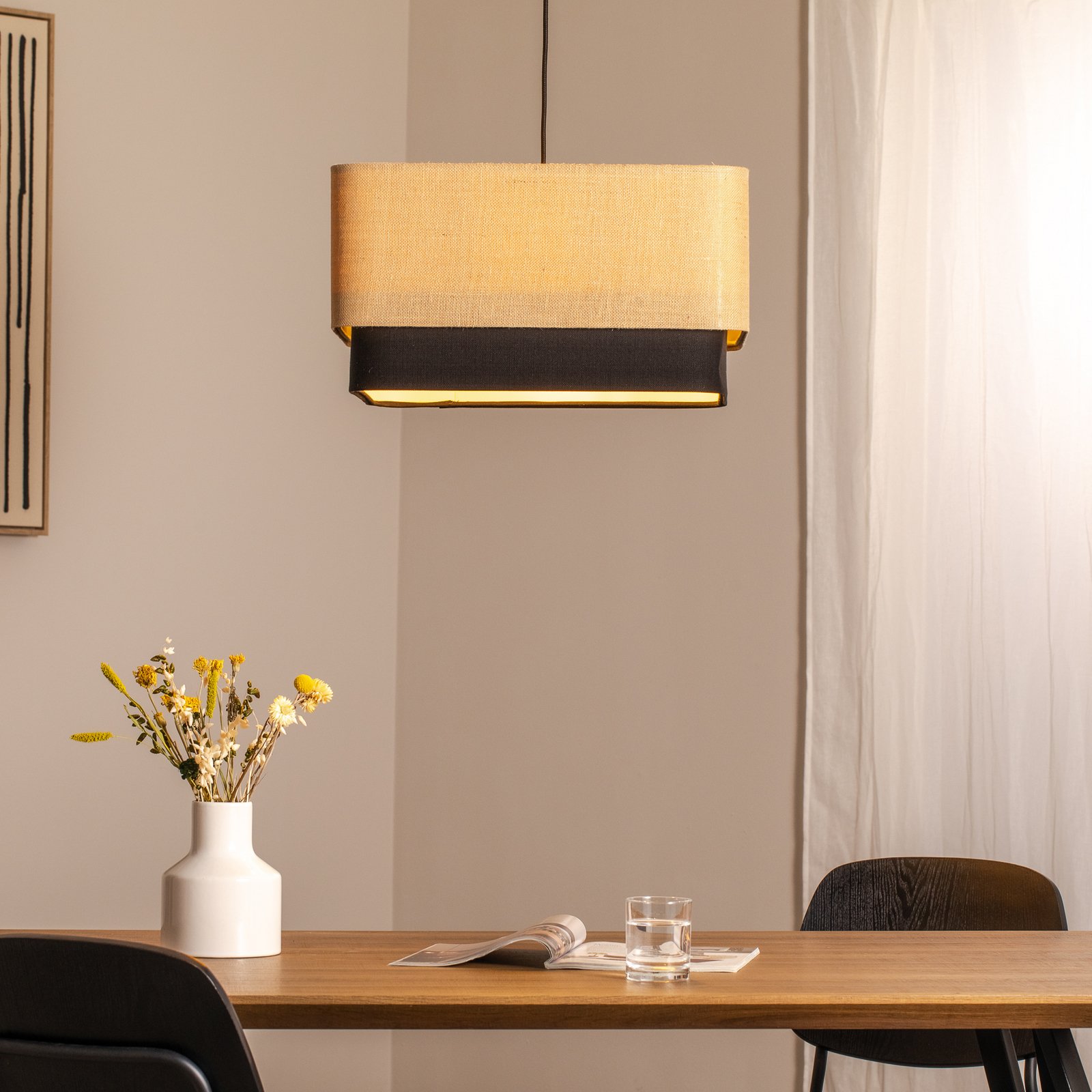 Kwadro Duo hængelampe, sort/beige, 50x50cm, jute/satin