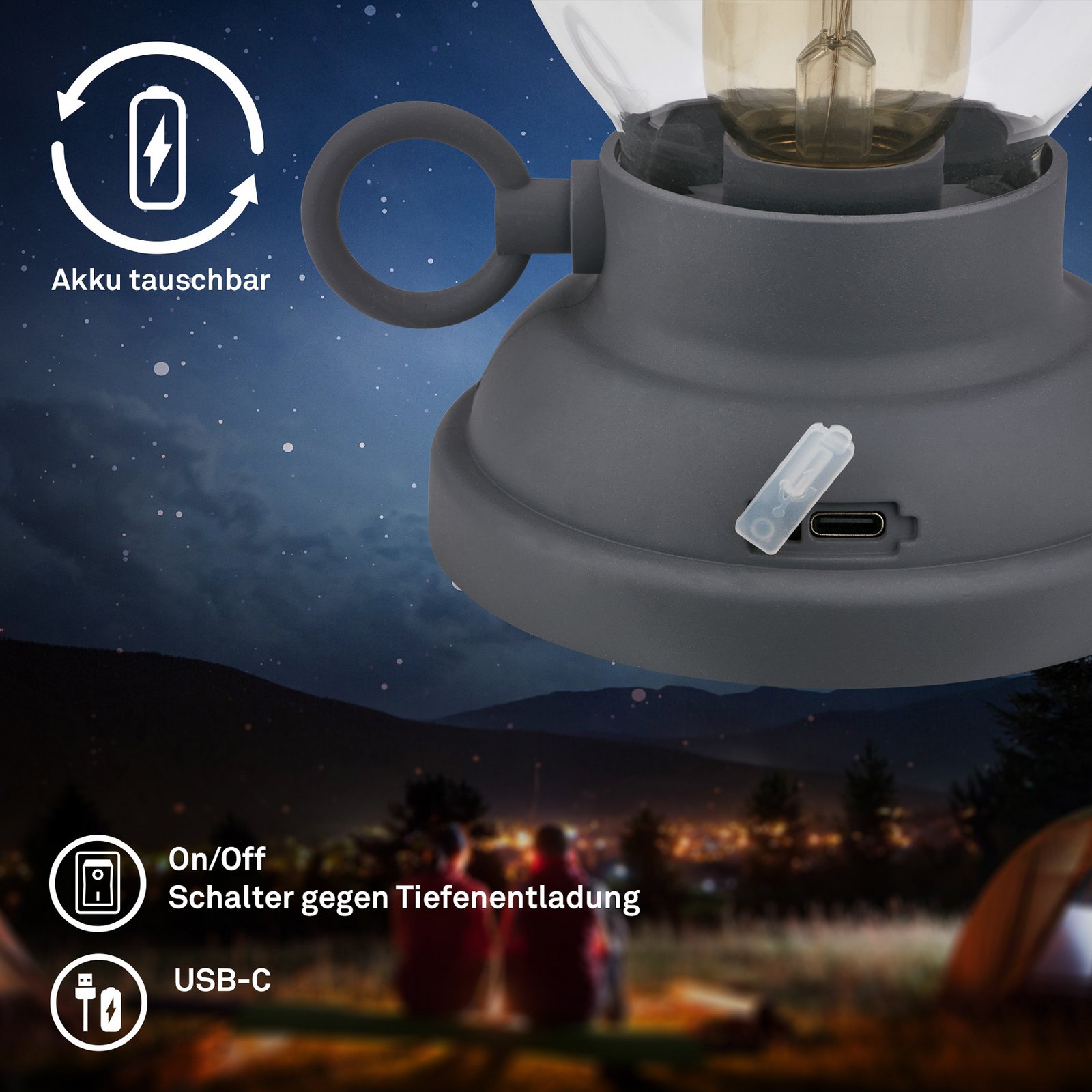 LED-akku-pöytälamppu Brilo unplugged Kanea, antrasiitti, 18 cm