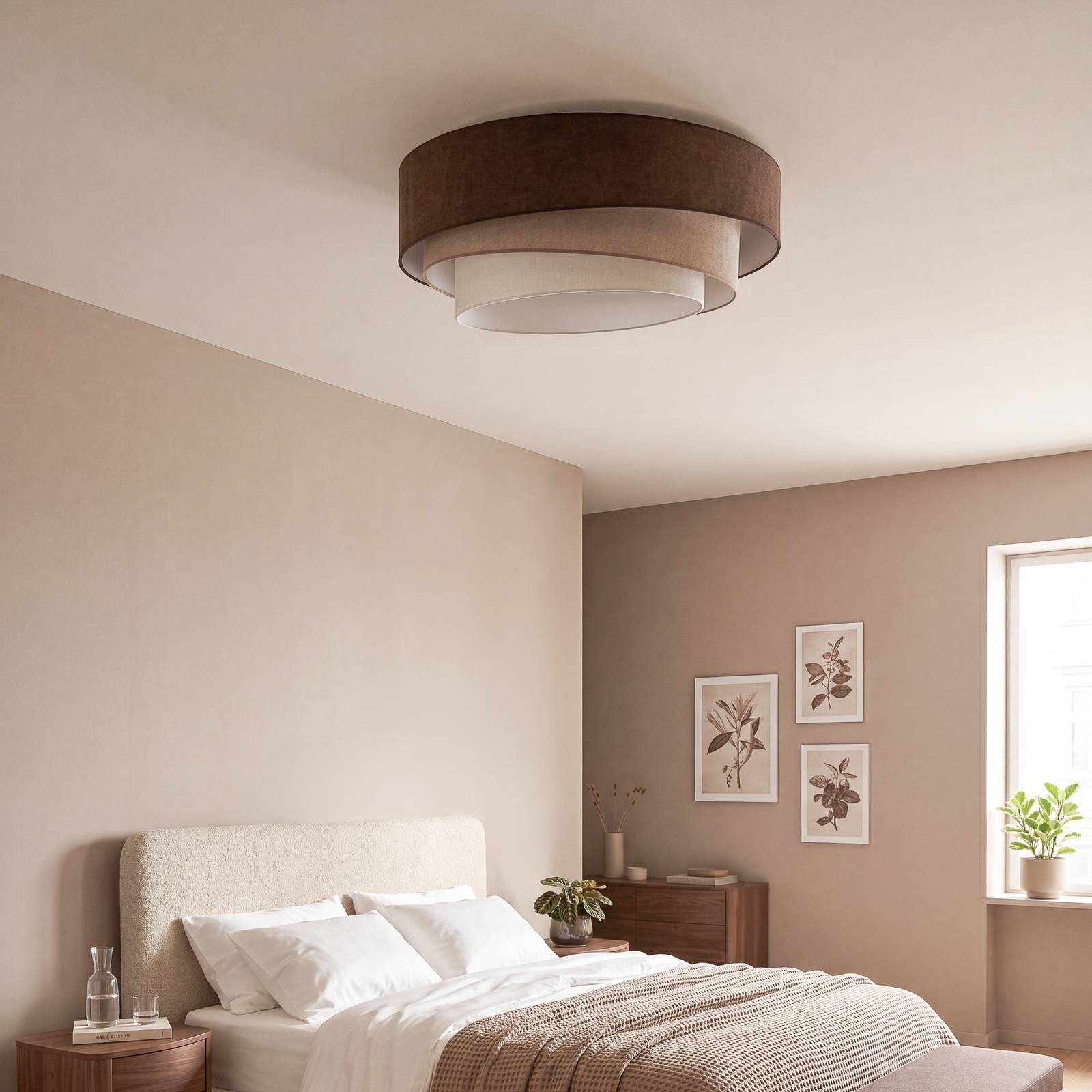 Lampa sufitowa Trio, brązowo-beżowa, Ø 60 cm, tkanina, E27