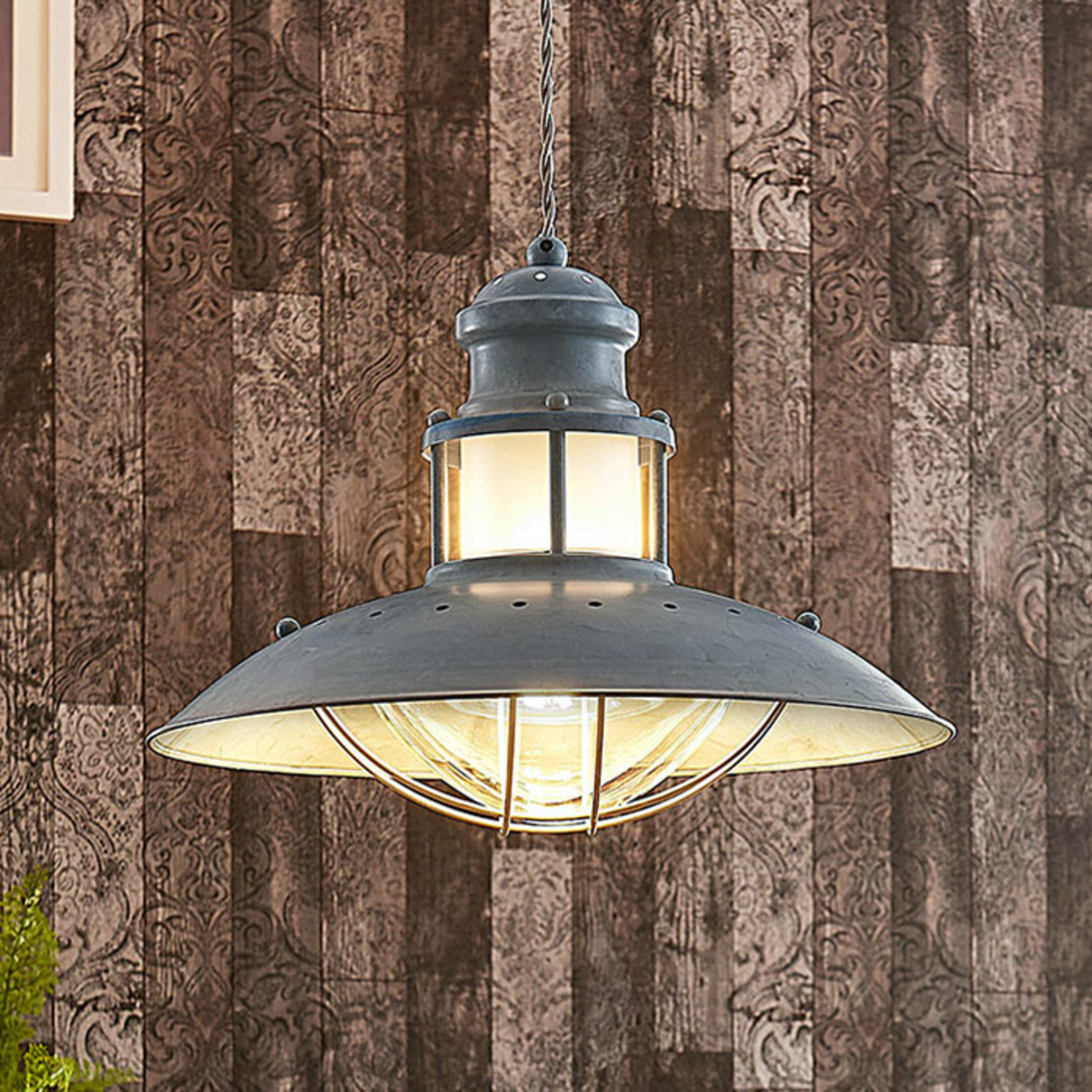 Lindby Pendellampe Louisanne, Ø35cm, grau-grün, Metall, Glas