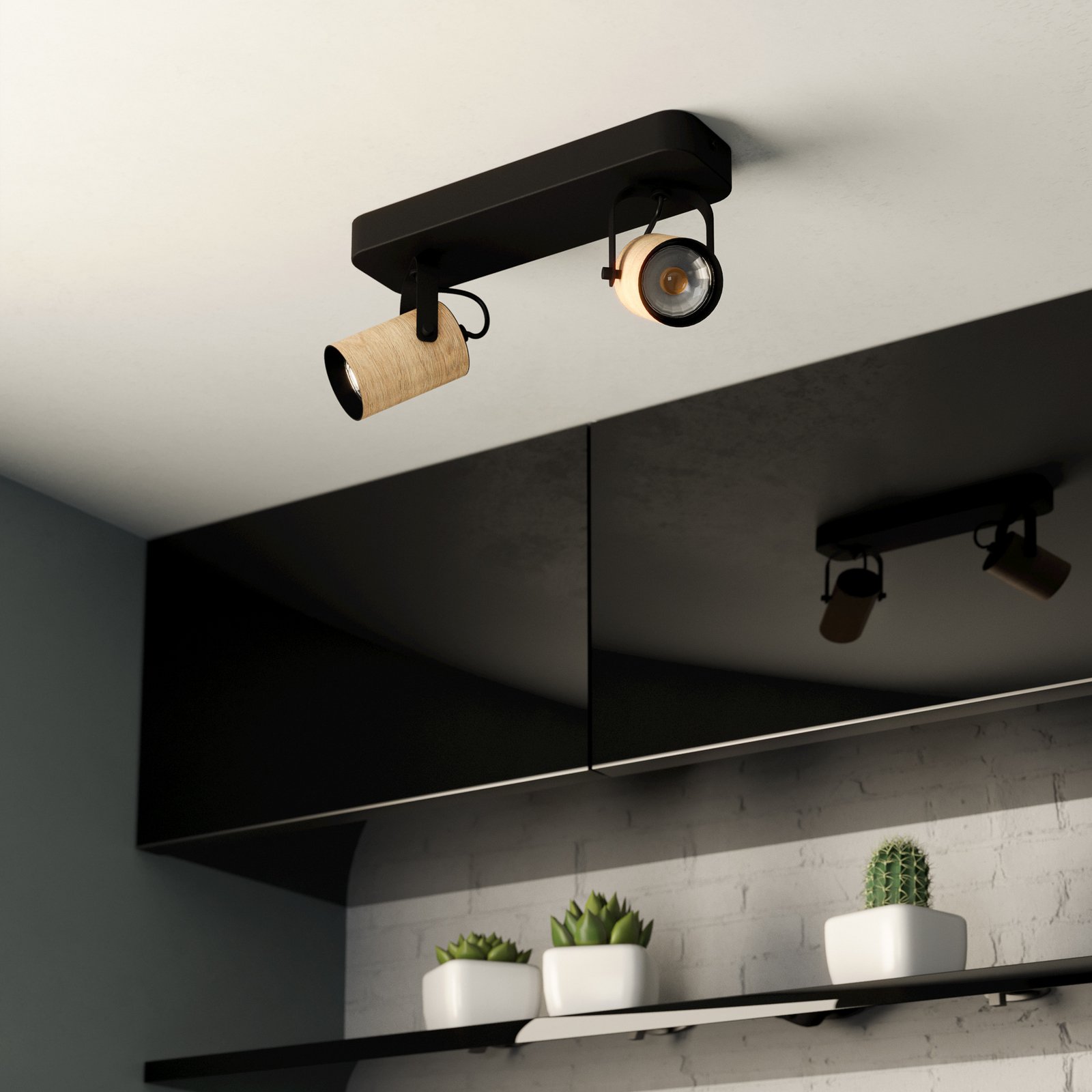 Projetor de teto Cayuca, decoração em preto/madeira, duas lâmpadas