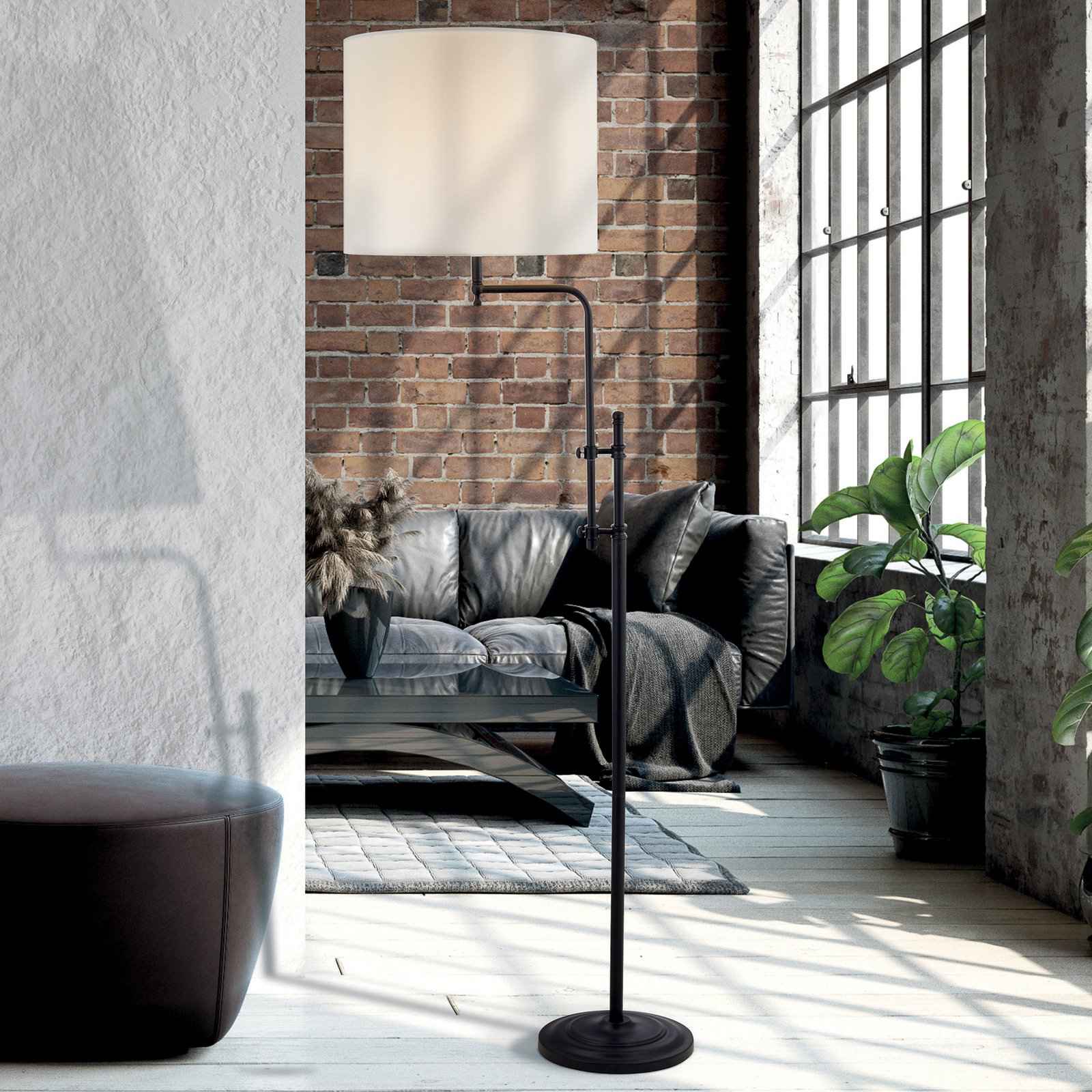 Munich floor lamp, black/white, linen, E27, adjustable