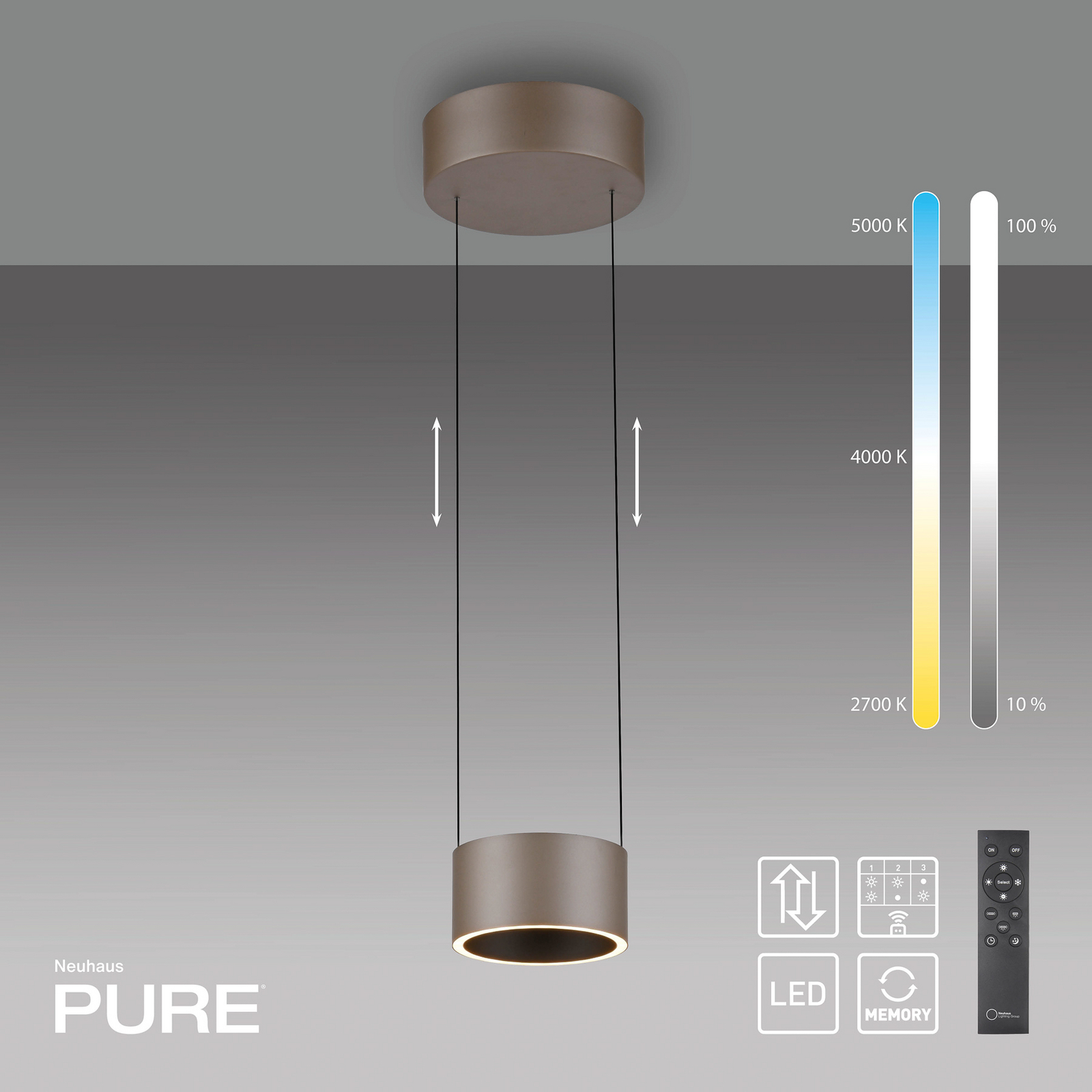 PURE LED-Pendellampe Clipse, bronzefarben Ø 20 cm CCT, 2-flg