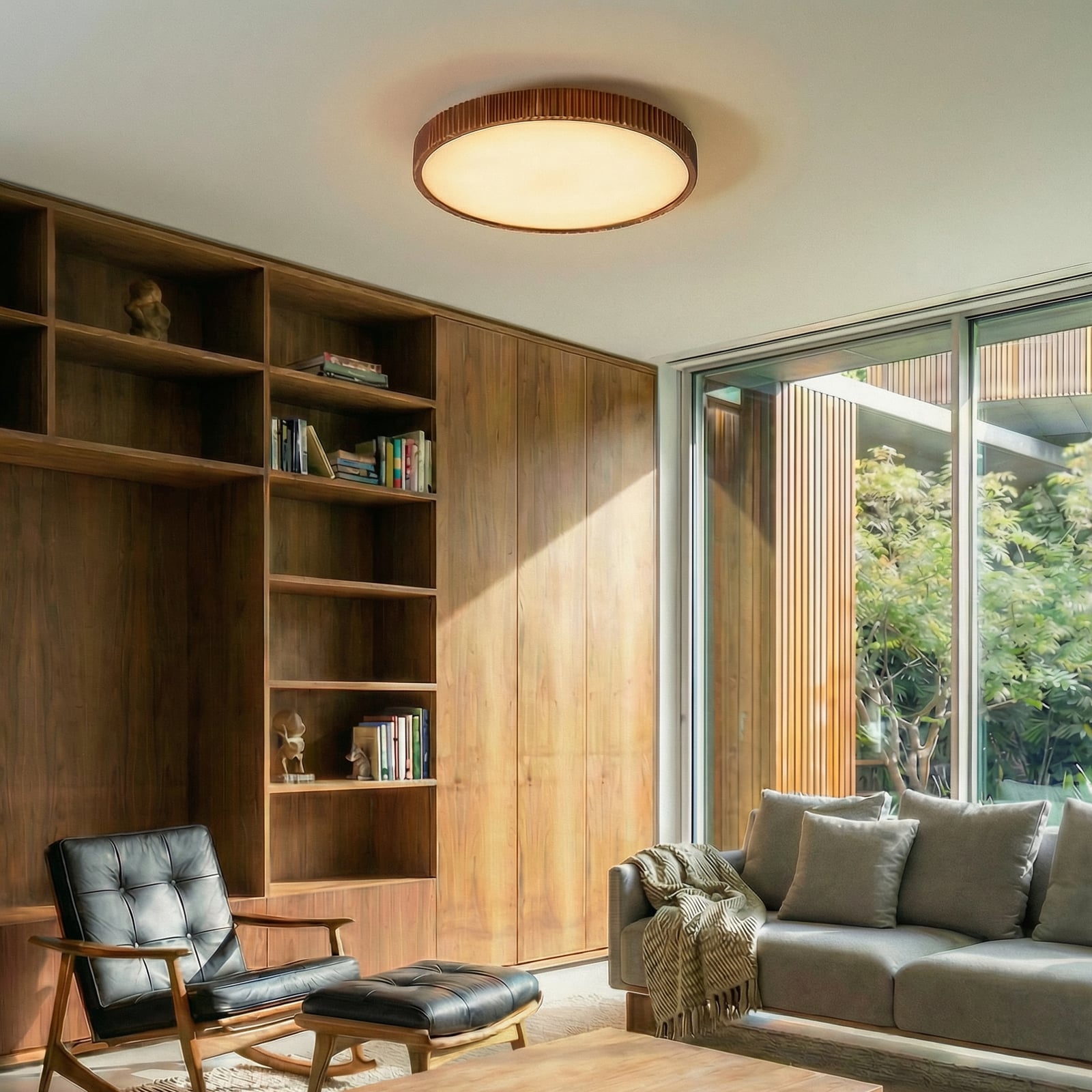 Lindby LED ceiling lamp Velua, white/dark wood, CCT, Ø 50 cm