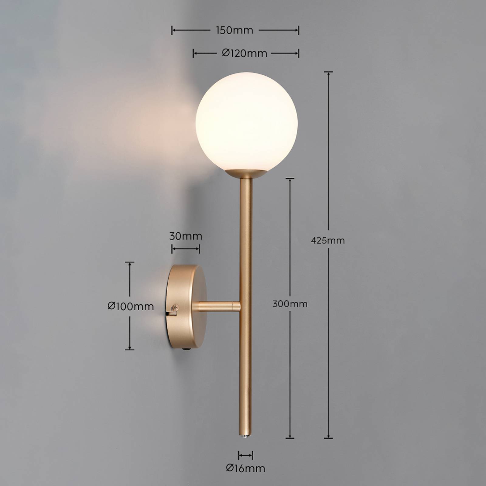Vegglampe Firano, gullfarget, høyde 42 cm, metall