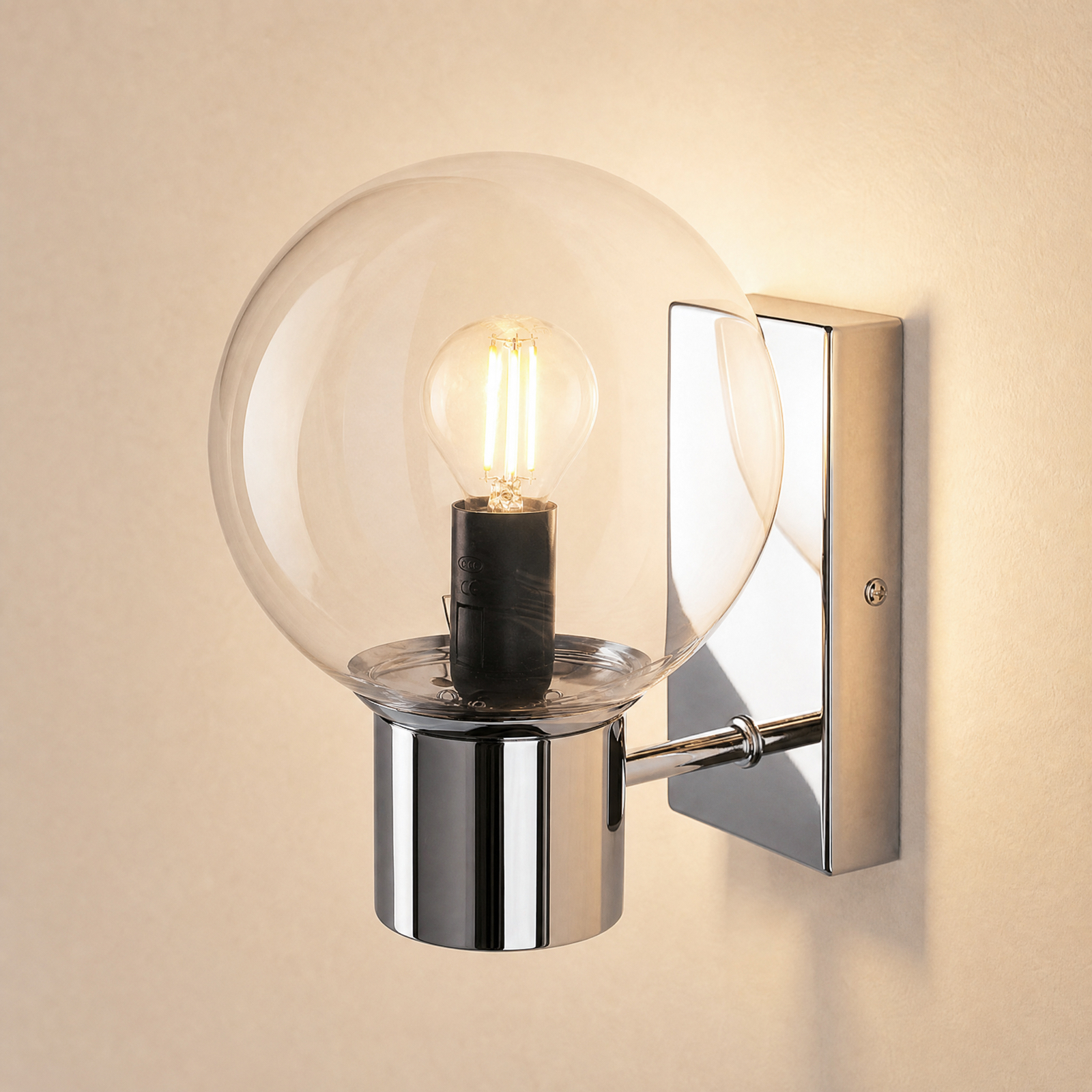 Sienas lampa Sferio, hroms/caurspīdīga, stikls, augstums 21 cm, E14
