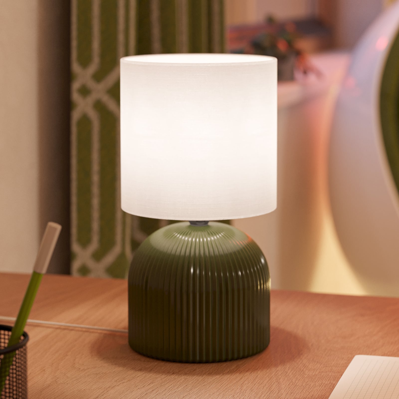 Stolová lampa Rocoso, zelená/krémová, keramika, textil, 25,5 cm