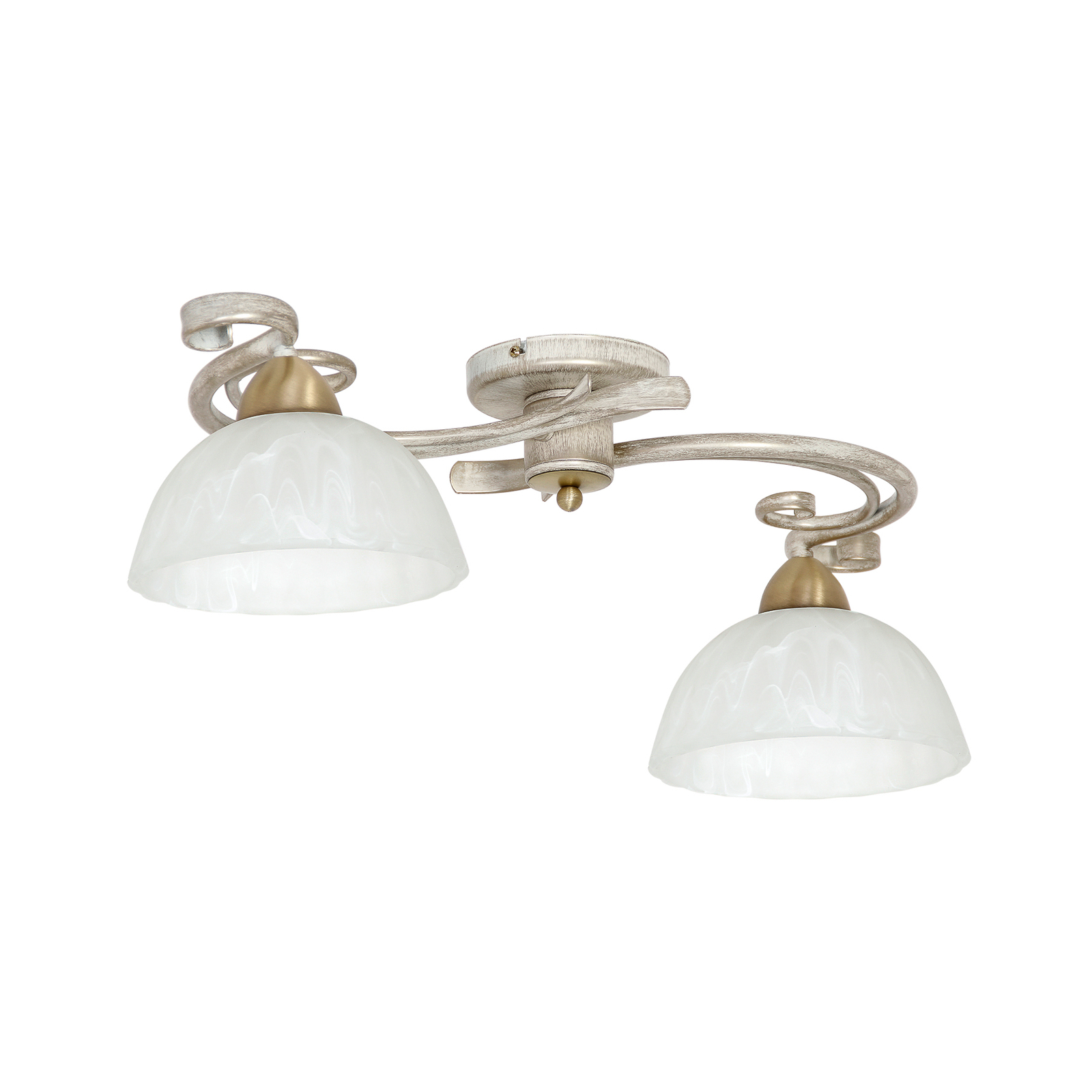 Deckenlampe Flora, zwei Glasschirme, weiß/messing