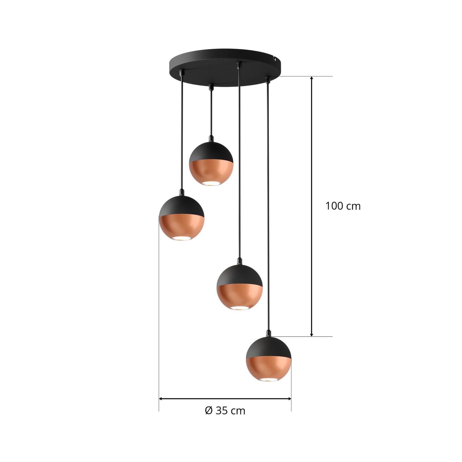 Pendant light Midnight, black/copper 4-bulb round