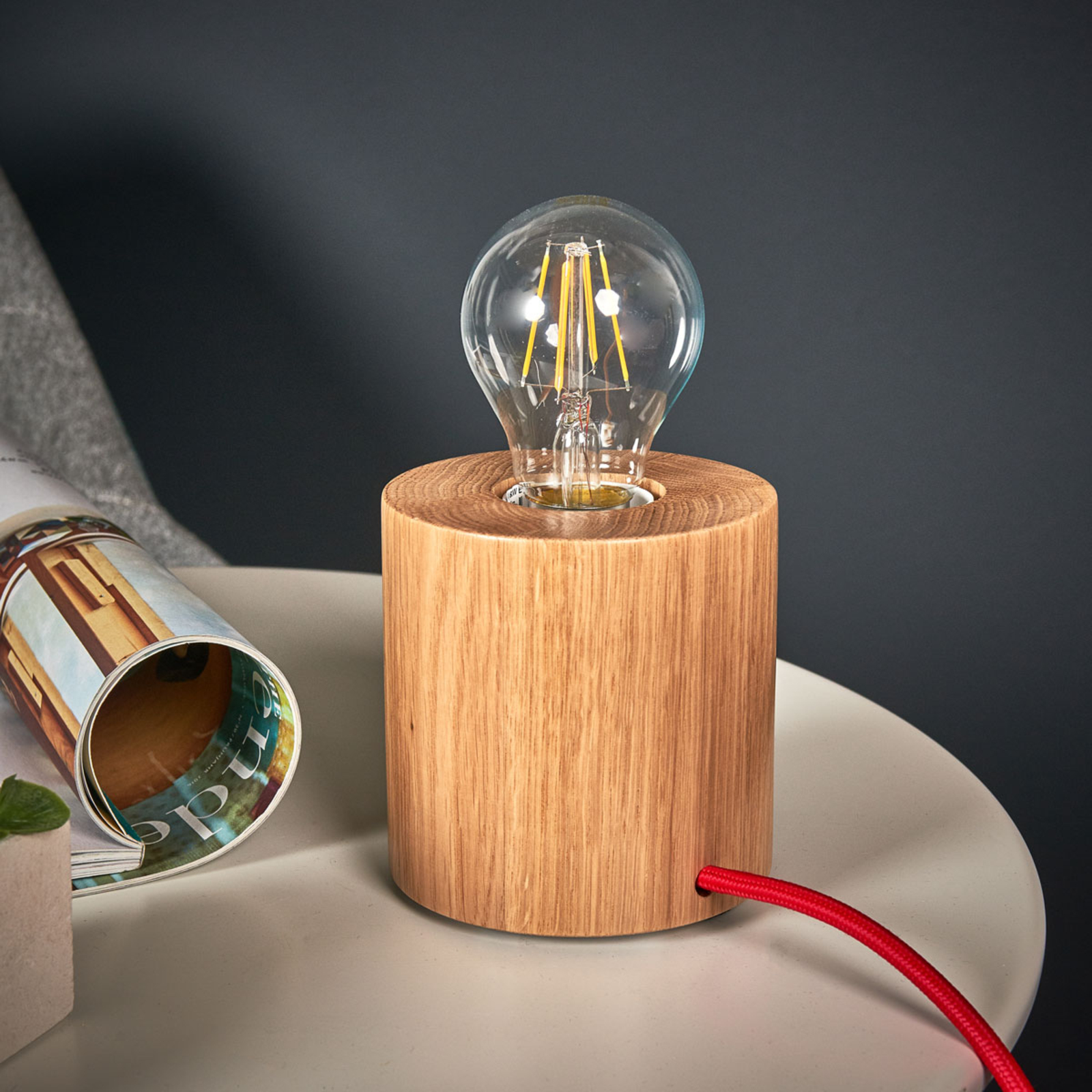 Trongo table lamp, oiled cylinder, red cable