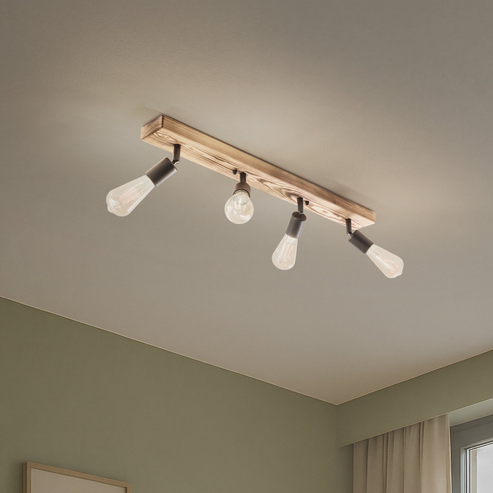 Takspotlight Duarte, 4 lampor, träfärgad/svart, trä