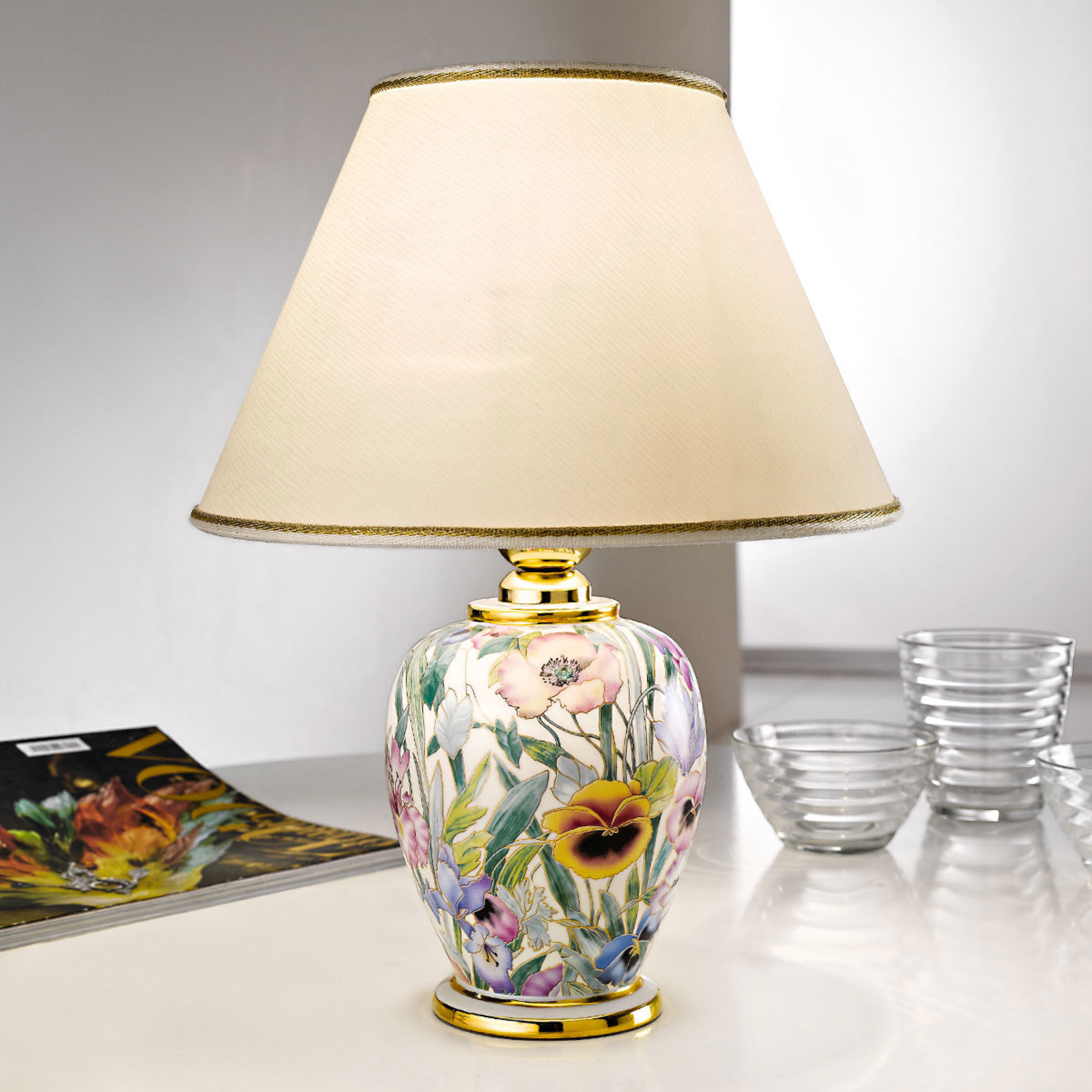 Bordlampe Giardino Panse, blomstertrykk, Ø 25 cm