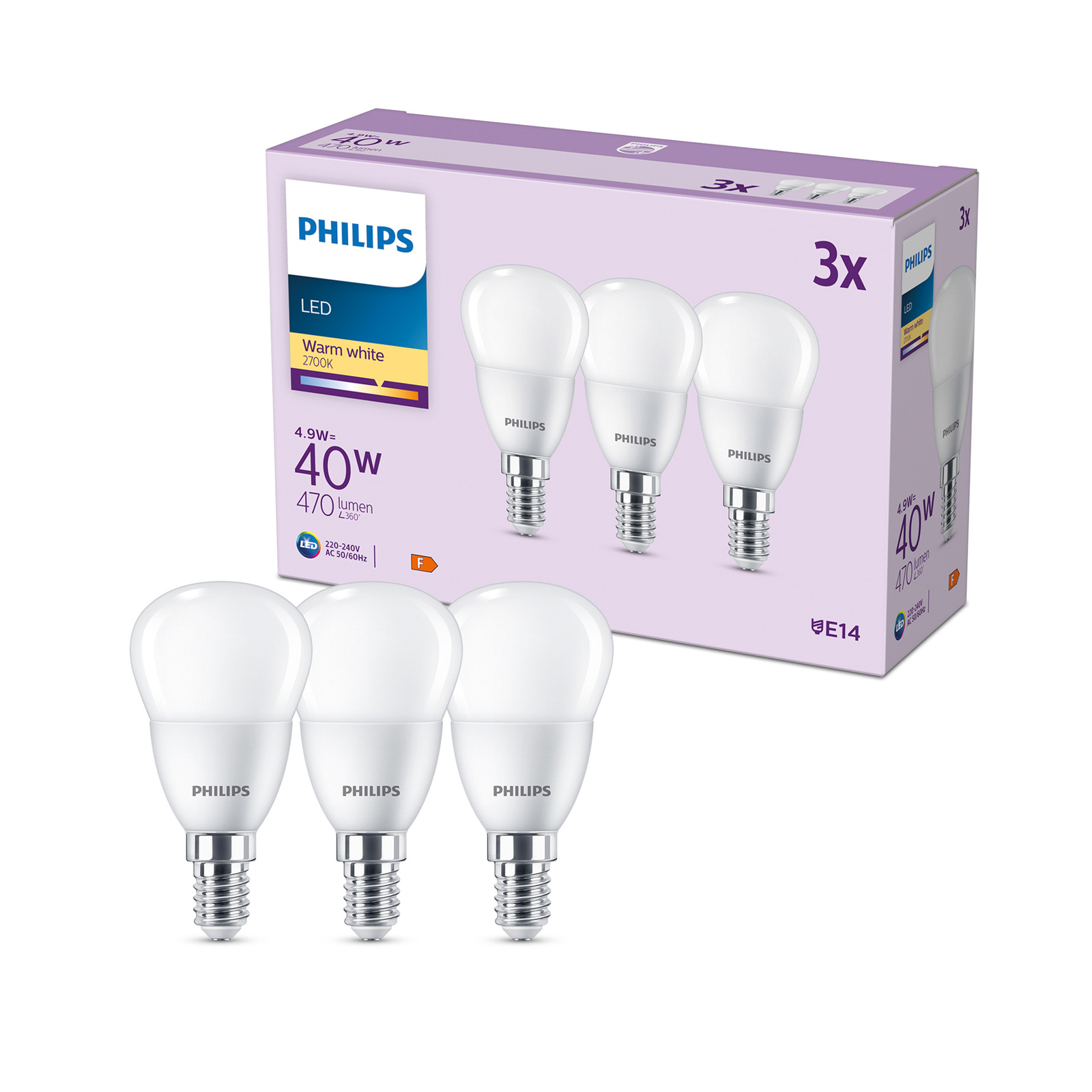 Philips LED lamp E14 4,9W 470m 2.700K per 3 | Lampen24.nl