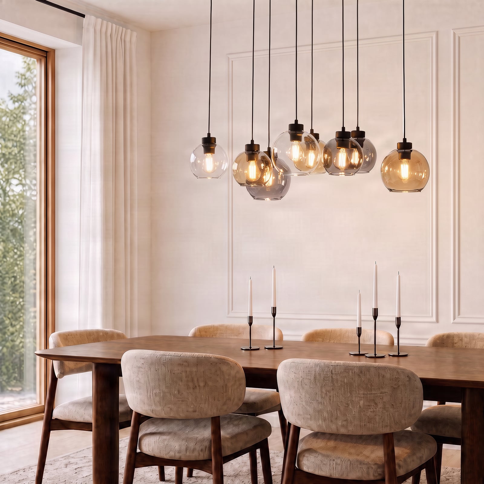 Cubus pendant light, 68 cm, 8-bulb, clear/honey/brown, glass
