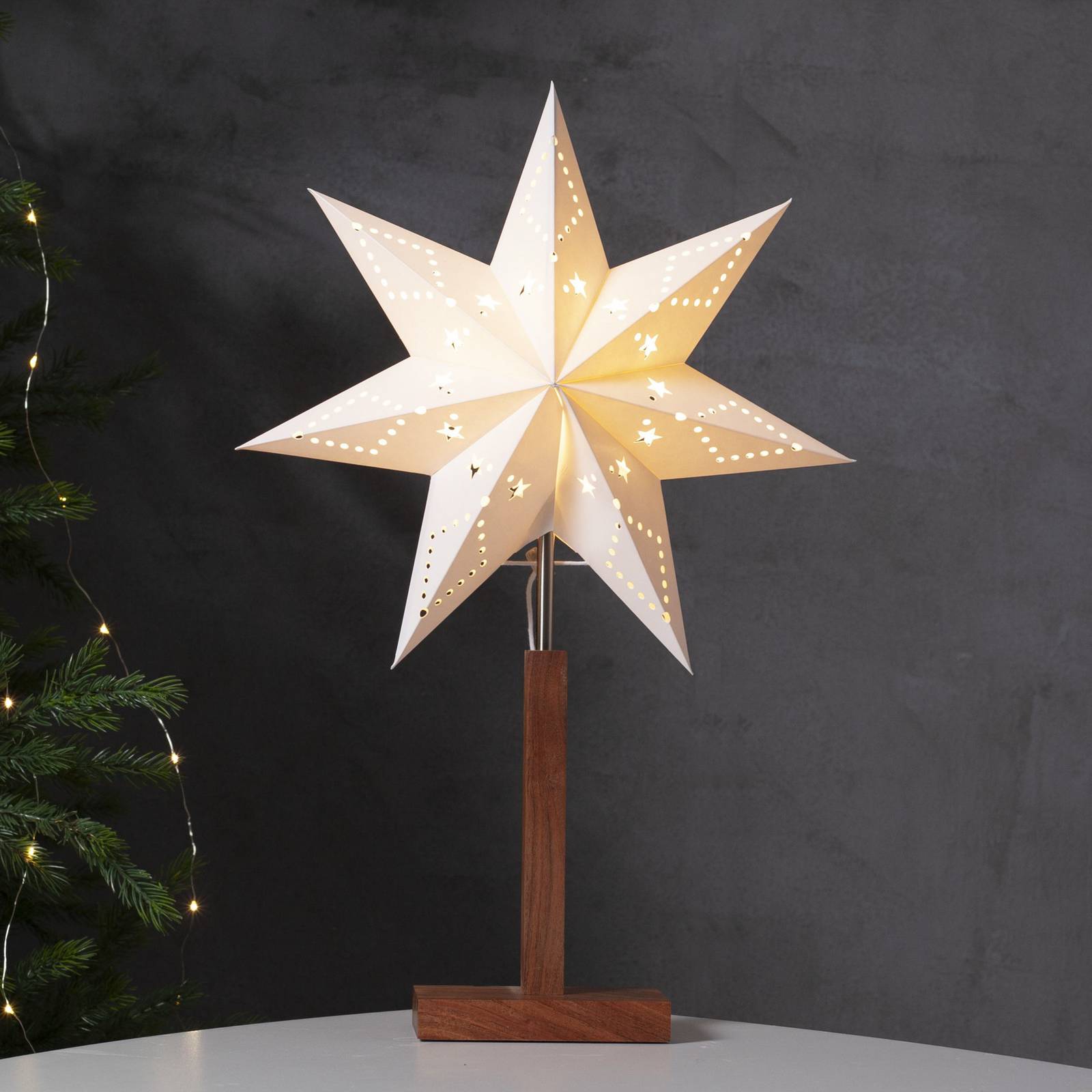 Tischleuchte Karo, weiß, 55 cm, Papier, Akazienholz, Stern günstig online kaufen