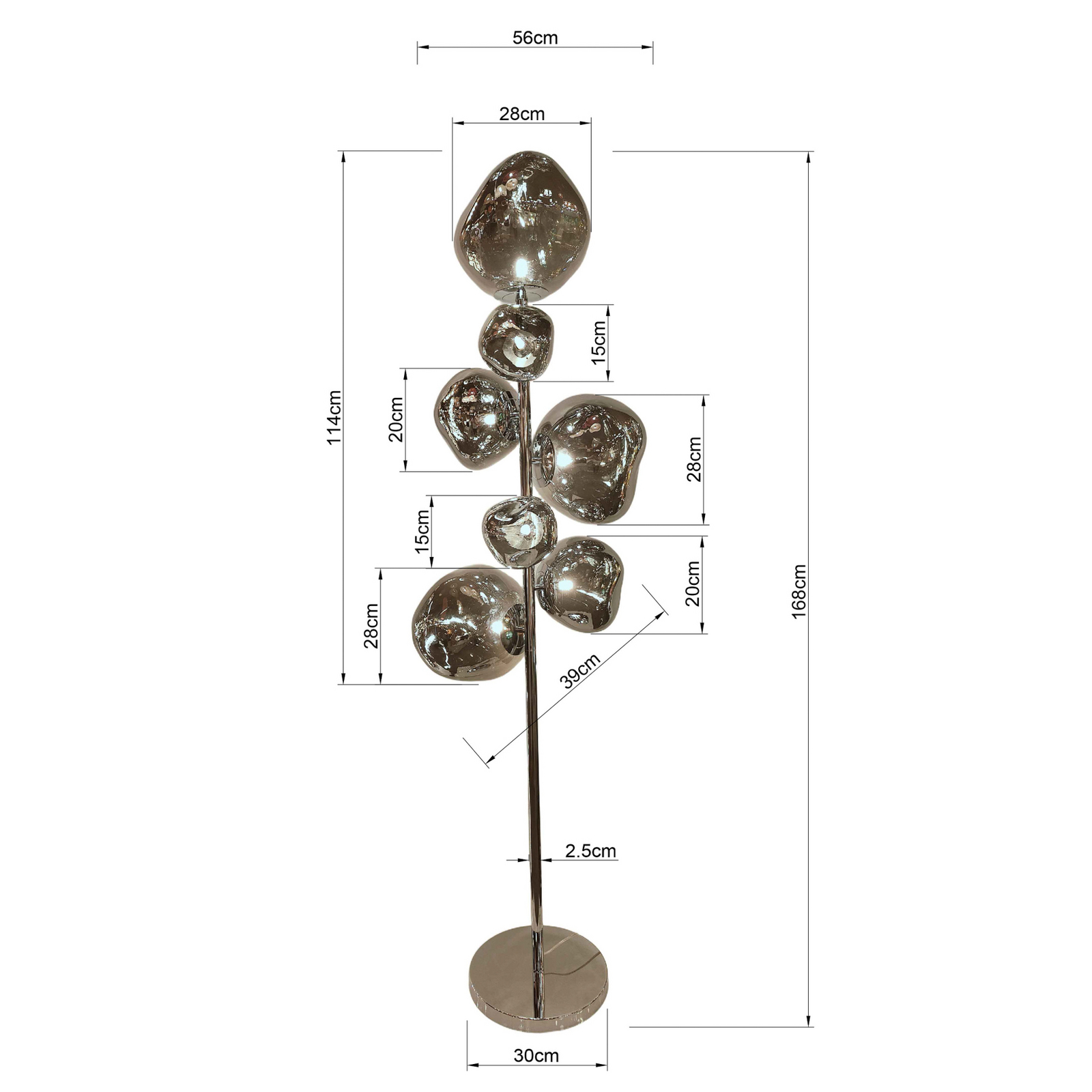 KARE gulvlampe Burbuja. Sølv, glas, 168 cm, 7 lyskilder.