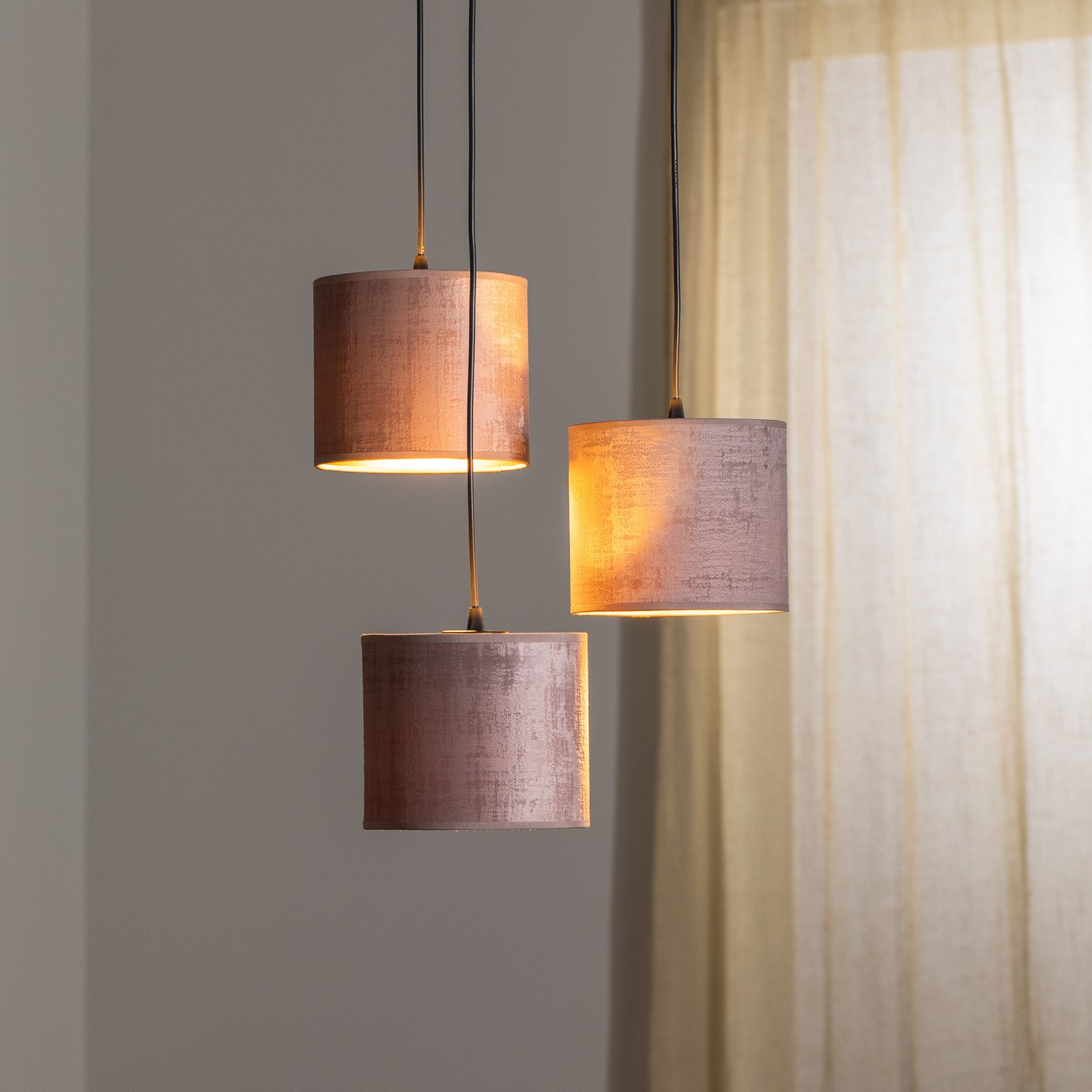 EMIBIG LIGHTING Lampă suspendată Jari cu abajur din pânză 3 becuri rotundă roz-auriu - Camera de zi / sufragerie - roz auriu negru - Țesătură / Textil