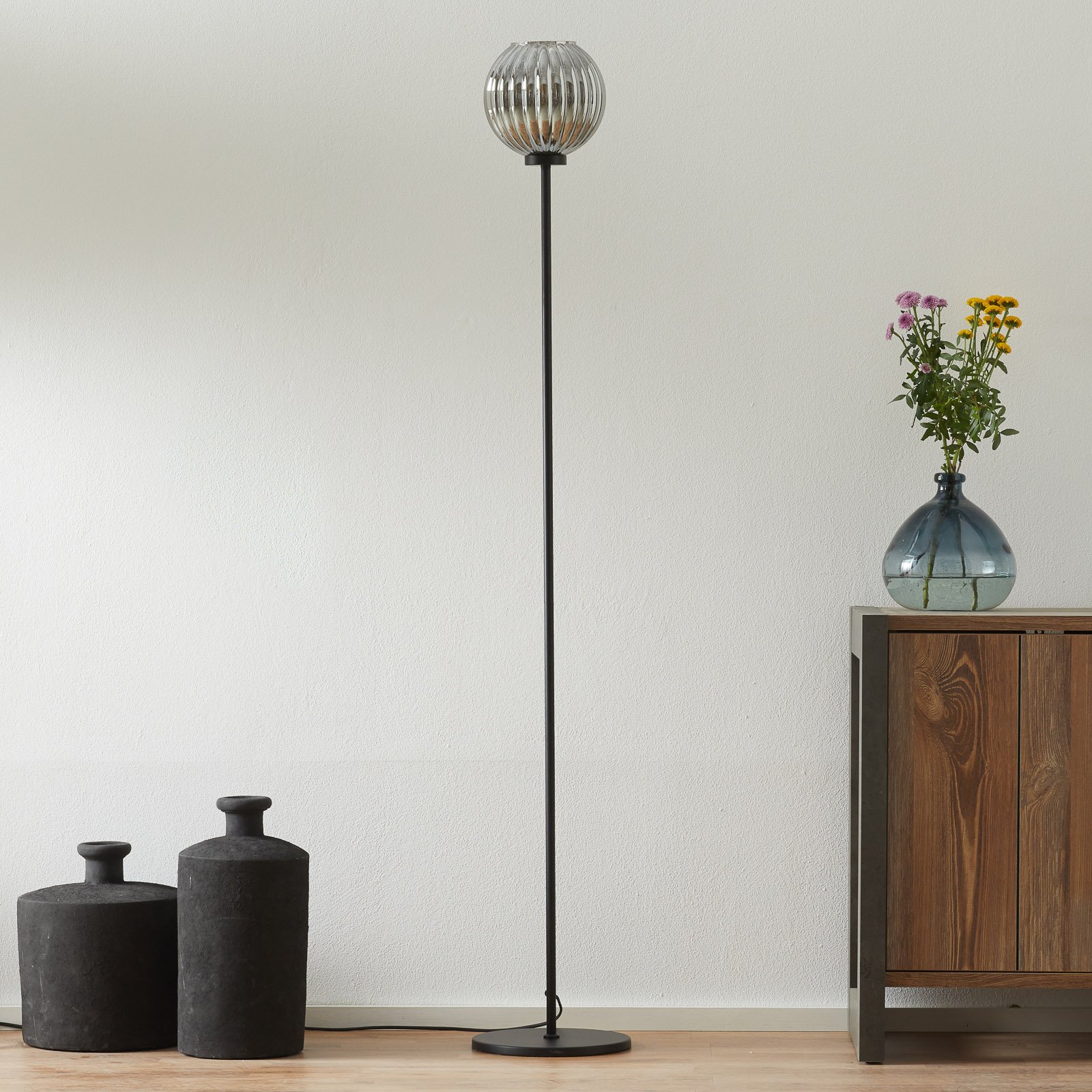 Freelight Zucca floor lamp, glass lampshade, smoke, for Living / Dining Room, metal, glass, E27, 40 W, energy efficiency: A++, H: 155 cm