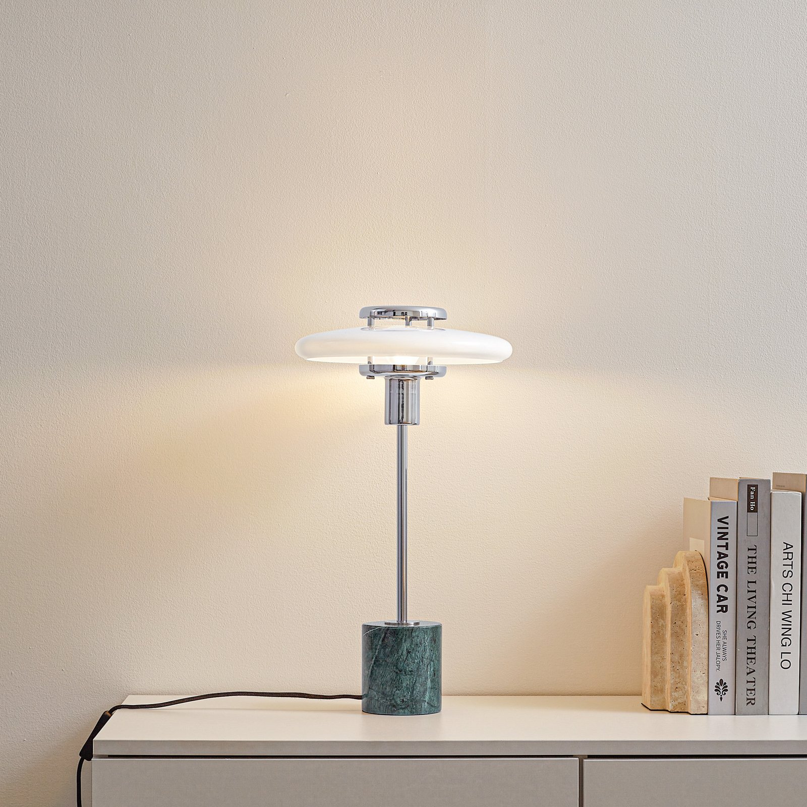 Lindby Lampada da tavolo Branford, 46 cm, bianco/verde, vetro/marmo