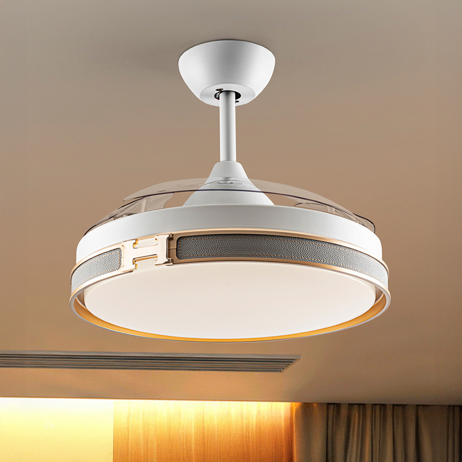 LED stropni ventilator Herón bel/zlato/siv/prozoren Ø106 cm tih