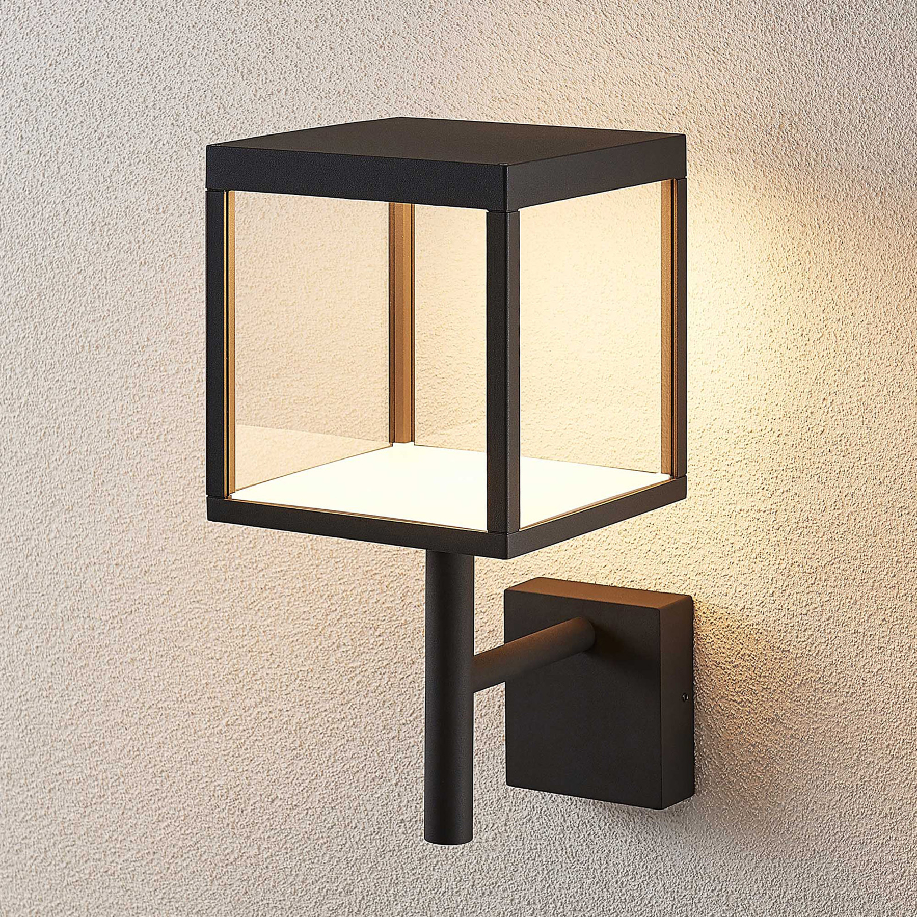 Lucande LED outdoor wall light Cube, glass lampshade, aluminium, glass, 8.6 W, energy efficiency: A+, W: 18 cm, H: 37 cm