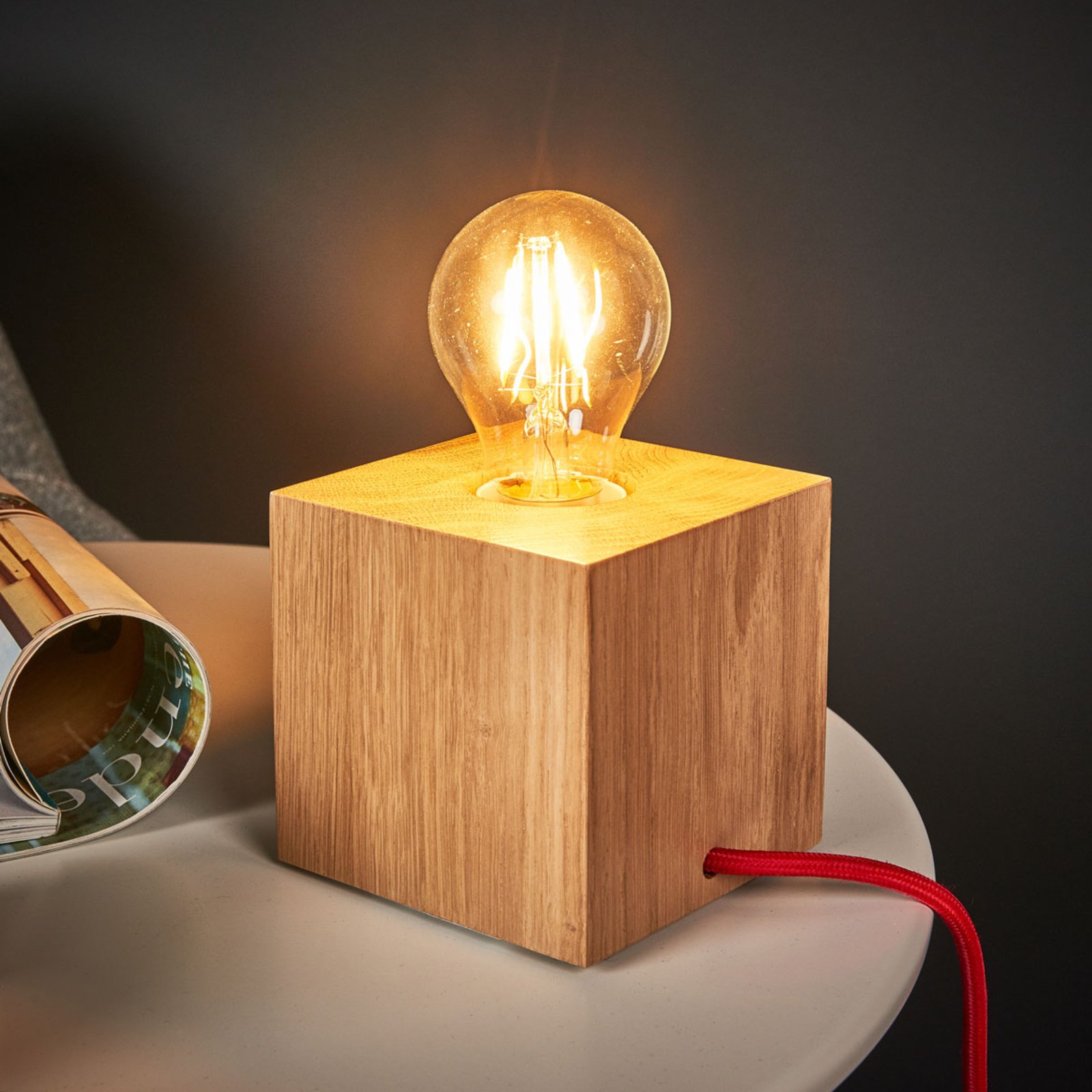 Spot-Light Trongo table lamp, oiled cube, red cable, for Living / Dining Room, wood, metal, E27, 60 W, energy efficiency: A++, L: 10 cm, W: 10 cm, H: 10 cm
